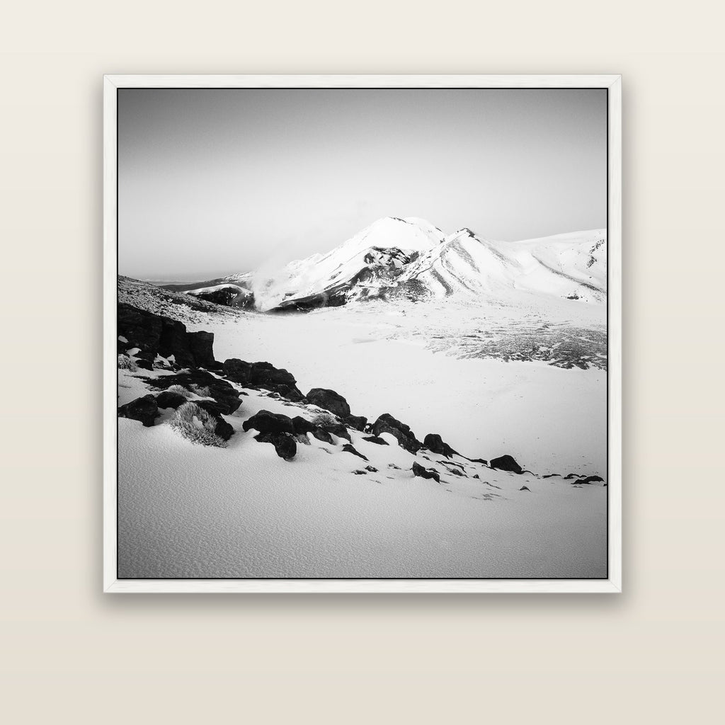 Ngauruhoe's Glow, Tongariro National Park — white float frame canvas, 133 × 133 cm. New Zealand fine art landscape wall art by Stephen Milner.