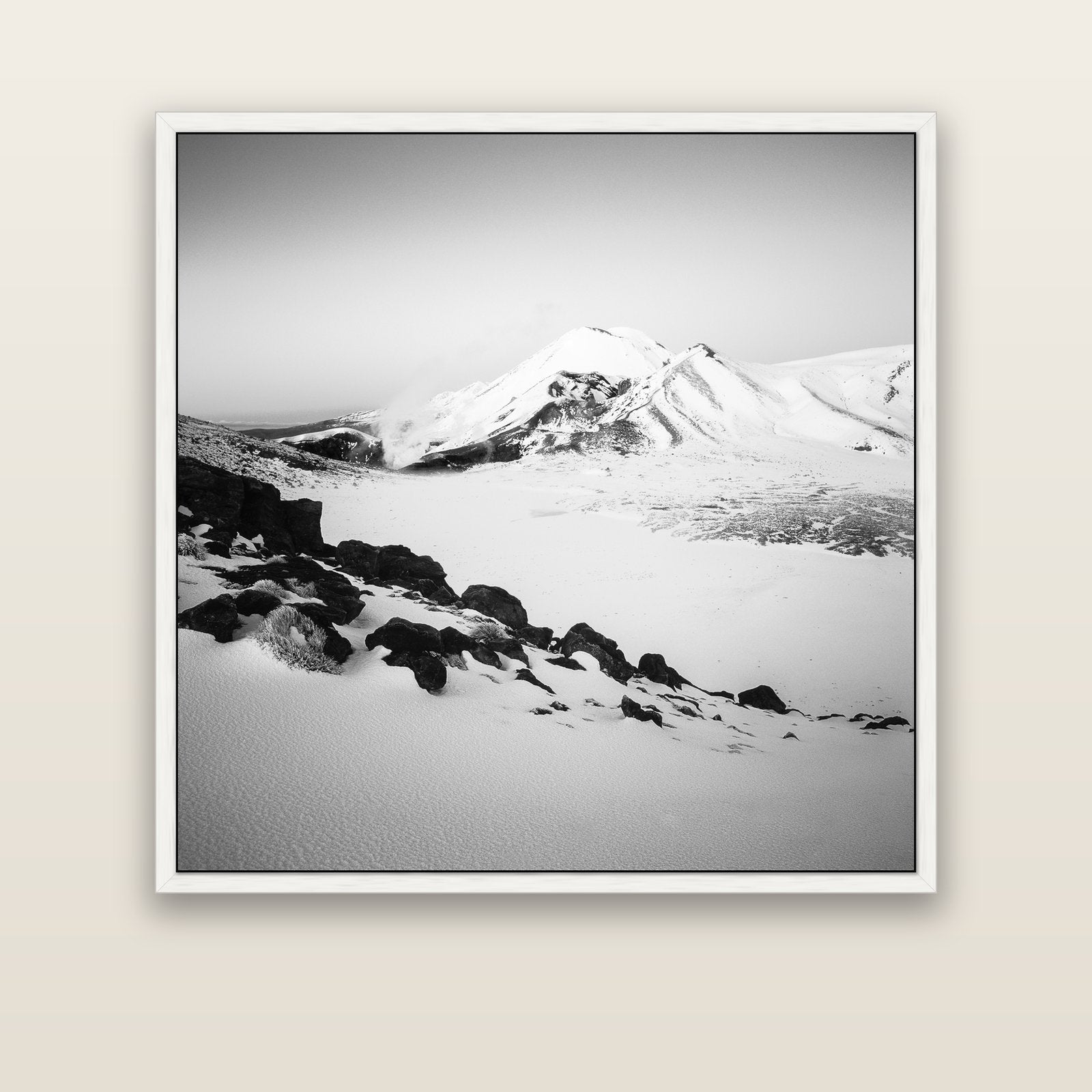 Ngauruhoe's Glow, Tongariro National Park — white float frame canvas, 133 × 133 cm. New Zealand fine art landscape wall art by Stephen Milner.