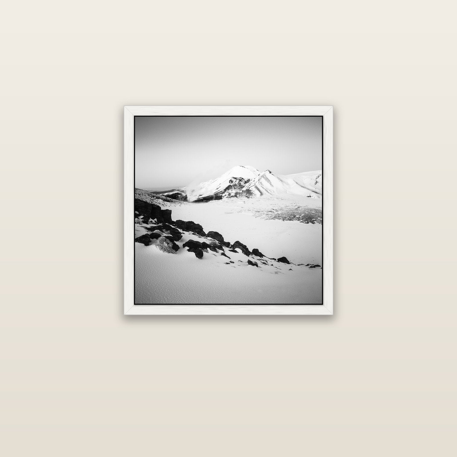 Ngauruhoe's Glow, Tongariro National Park — white float frame canvas, 51 × 51 cm. New Zealand fine art landscape wall art by Stephen Milner.
