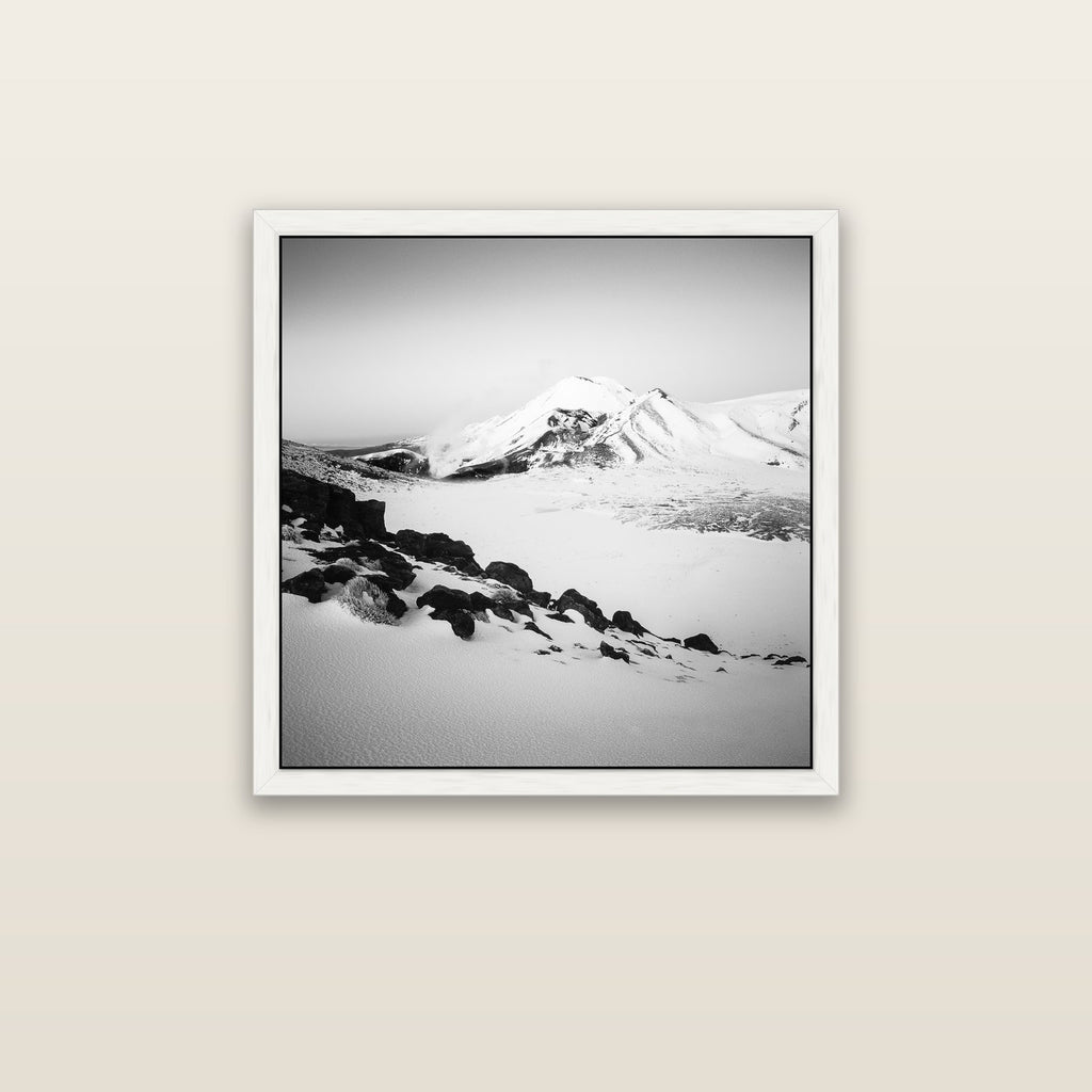 Ngauruhoe's Glow, Tongariro National Park — white float frame canvas, 76 × 76 cm. New Zealand fine art landscape wall art by Stephen Milner.