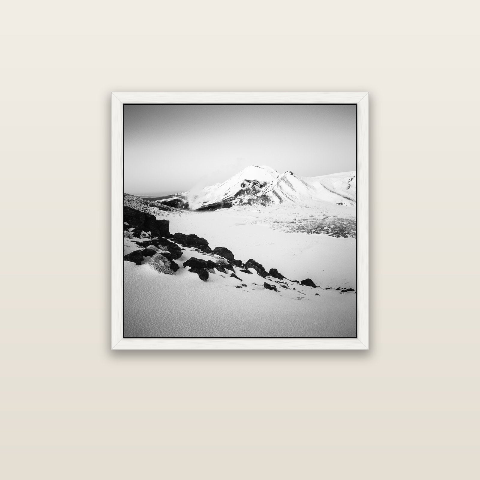 Ngauruhoe's Glow, Tongariro National Park — white float frame canvas, 76 × 76 cm. New Zealand fine art landscape wall art by Stephen Milner.