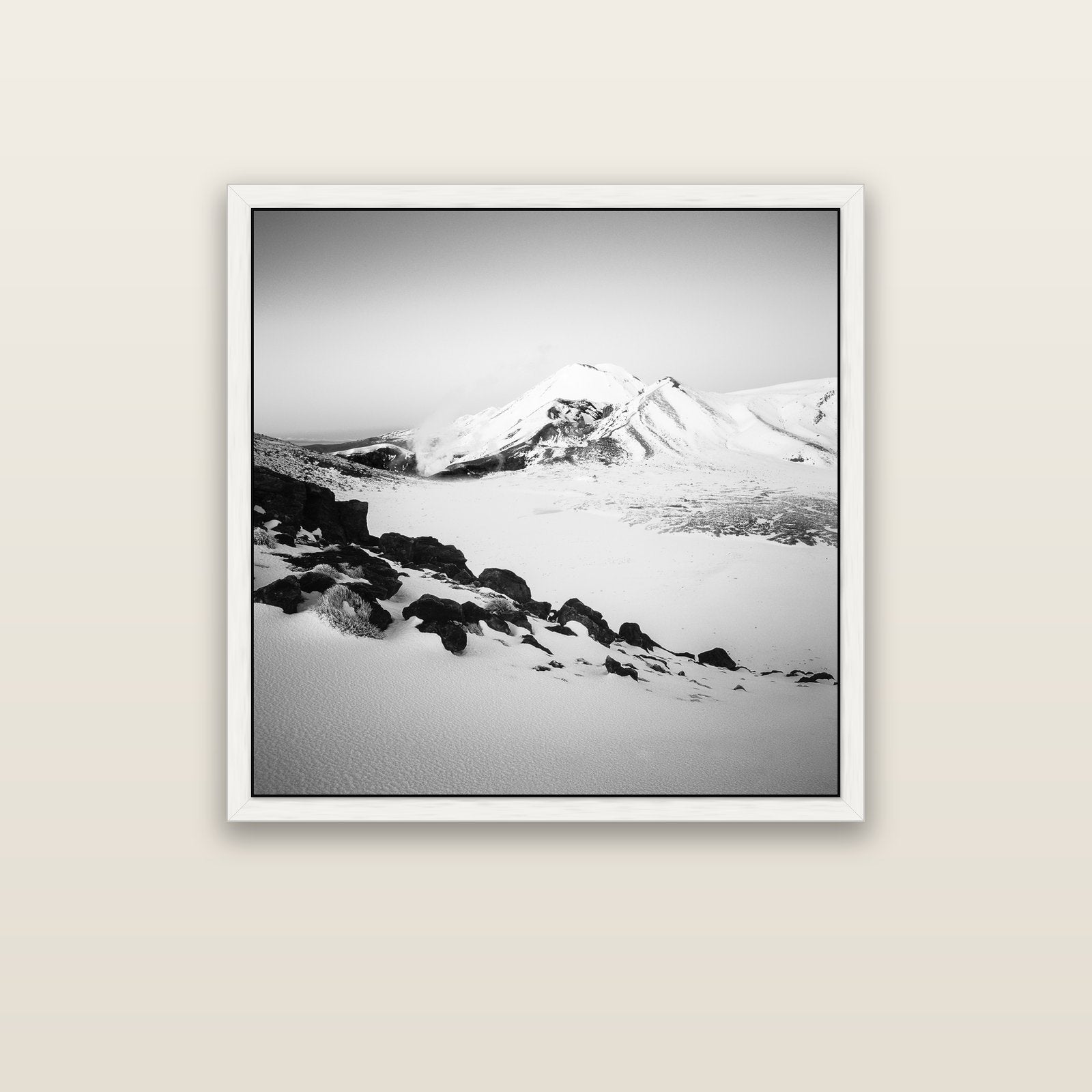 Ngauruhoe's Glow, Tongariro National Park — white float frame canvas, 91 × 91 cm. New Zealand fine art landscape wall art by Stephen Milner.
