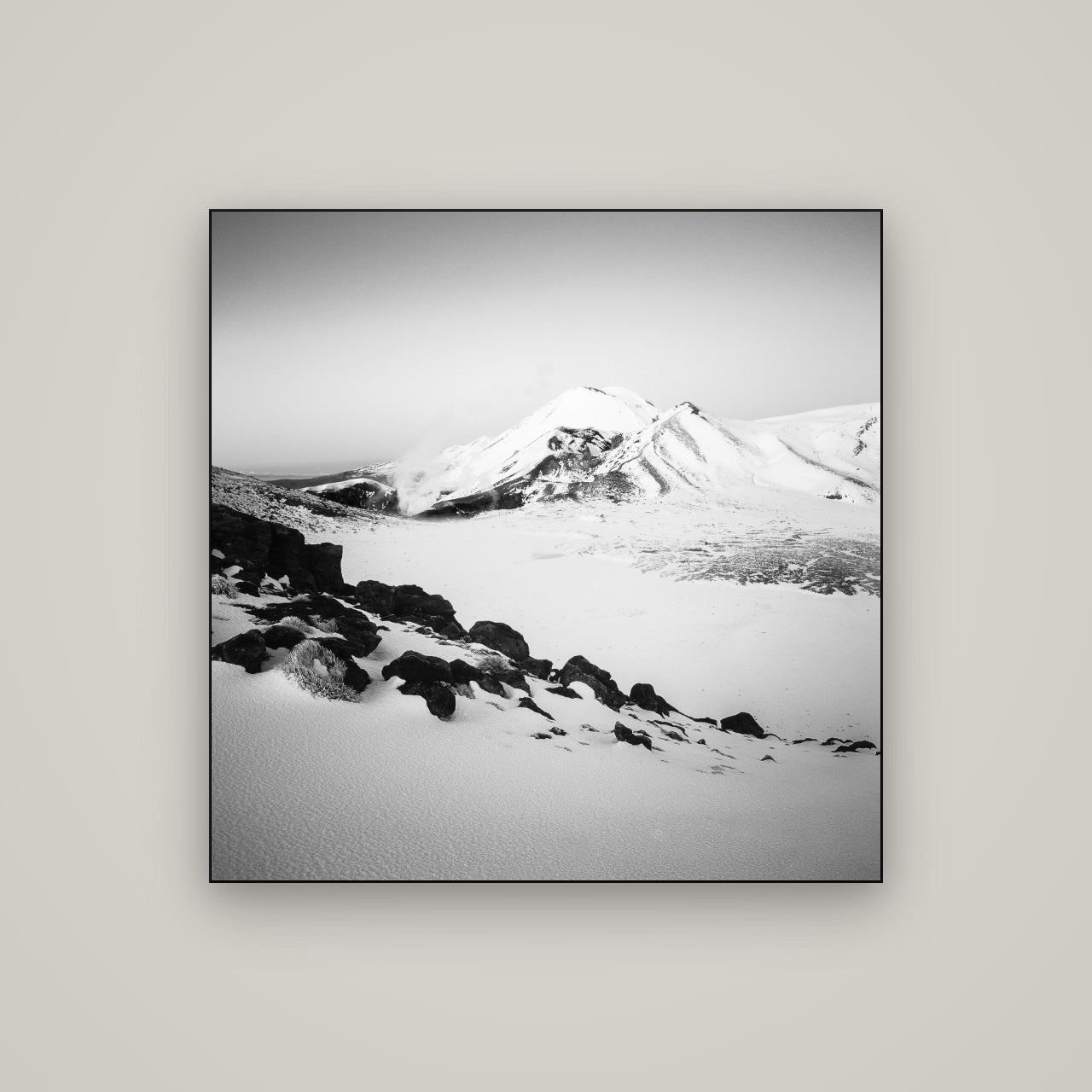 Ngauruhoe's Glow, Tongariro National Park — Slimline Black, 100×100 cm. New Zealand fine art wall art by Stephen Milner.