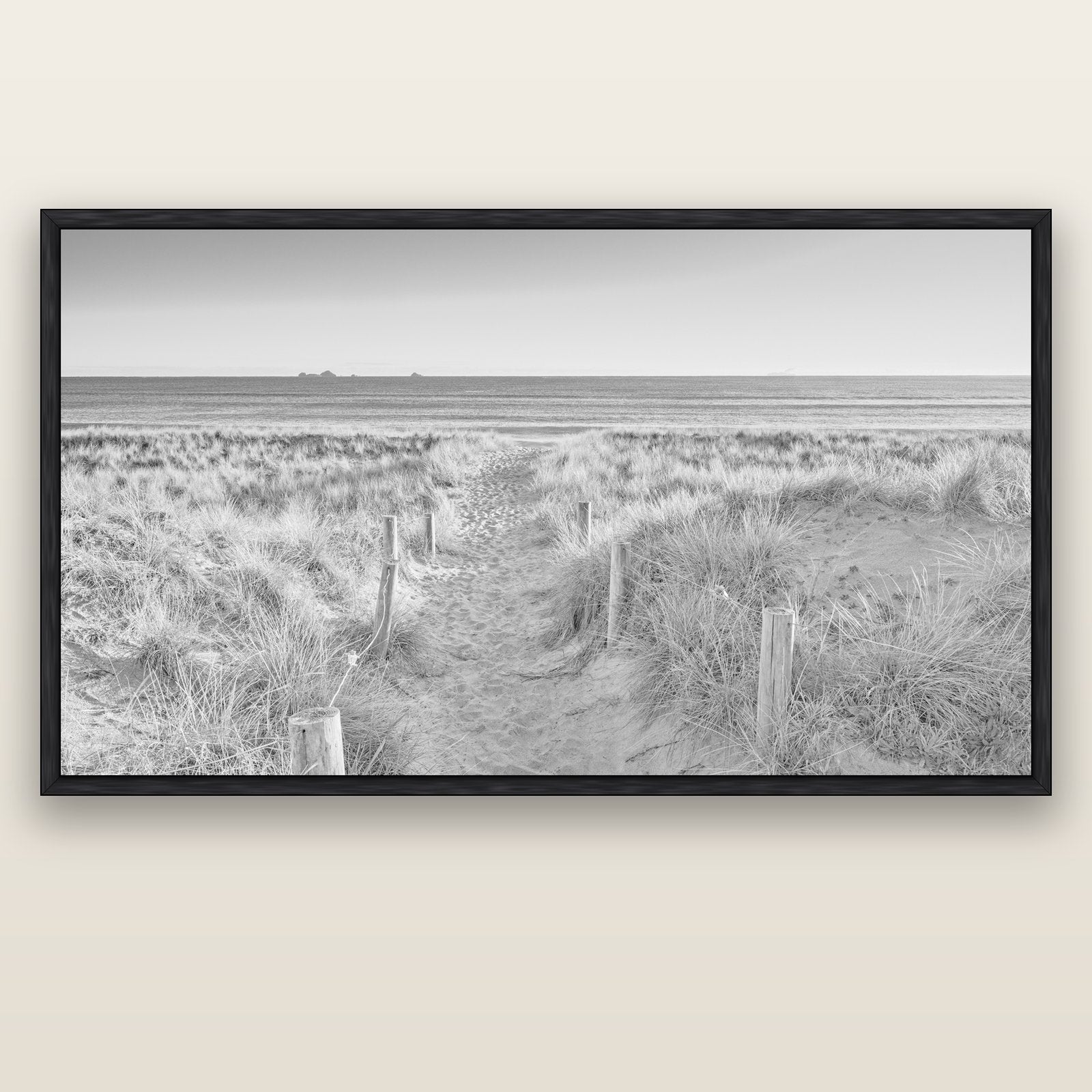 Passage to the Sea, Whakatāne — black float frame canvas, 200 × 130 cm. New Zealand fine art landscape wall art by Stephen Milner.