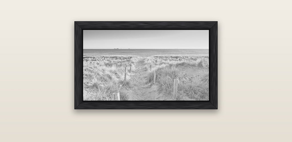 Passage to the Sea, Whakatāne — black float frame canvas, 61 × 36 cm. New Zealand fine art landscape wall art by Stephen Milner.