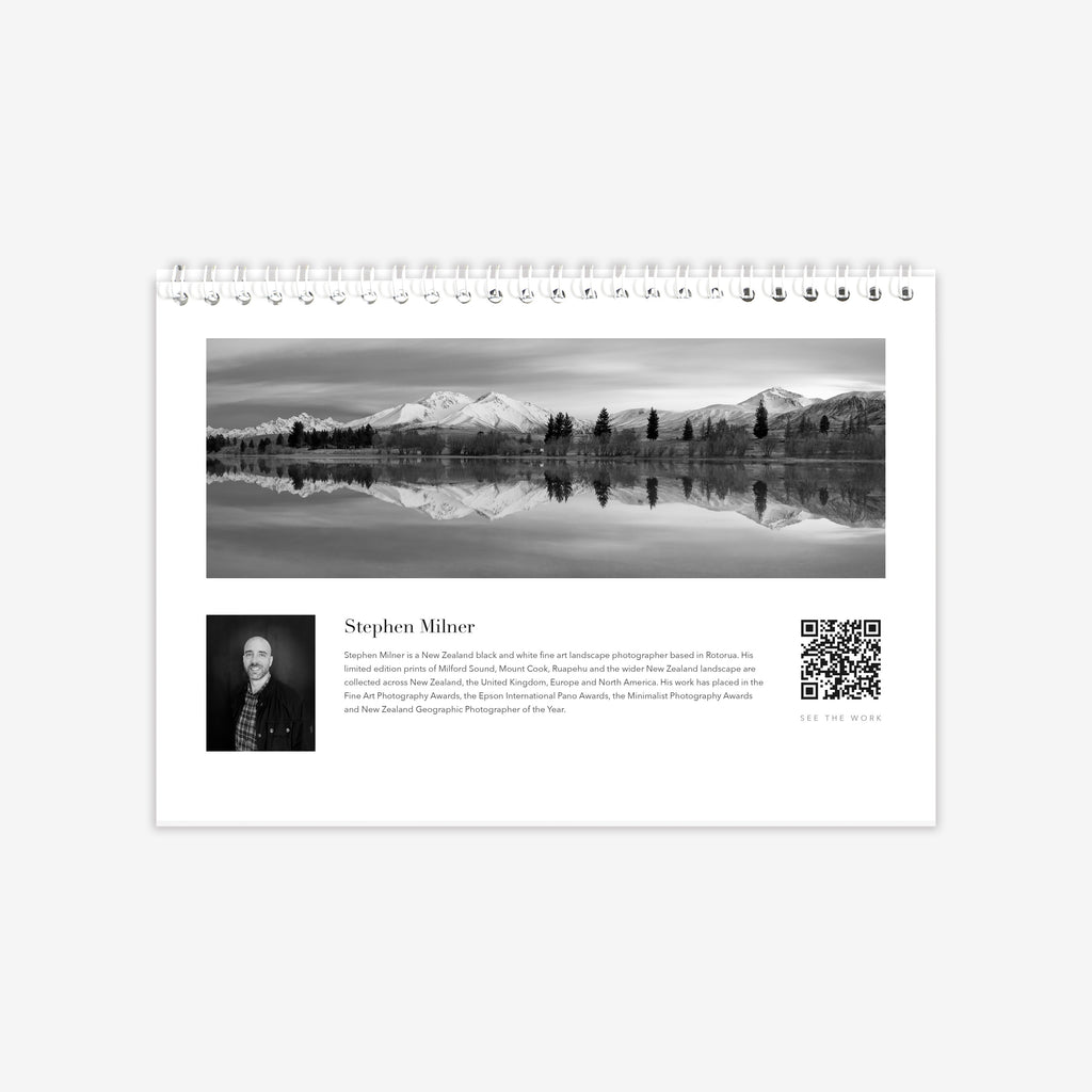 2027 calendar back cover — biography and a panorama of Big Hill and Potts Range.