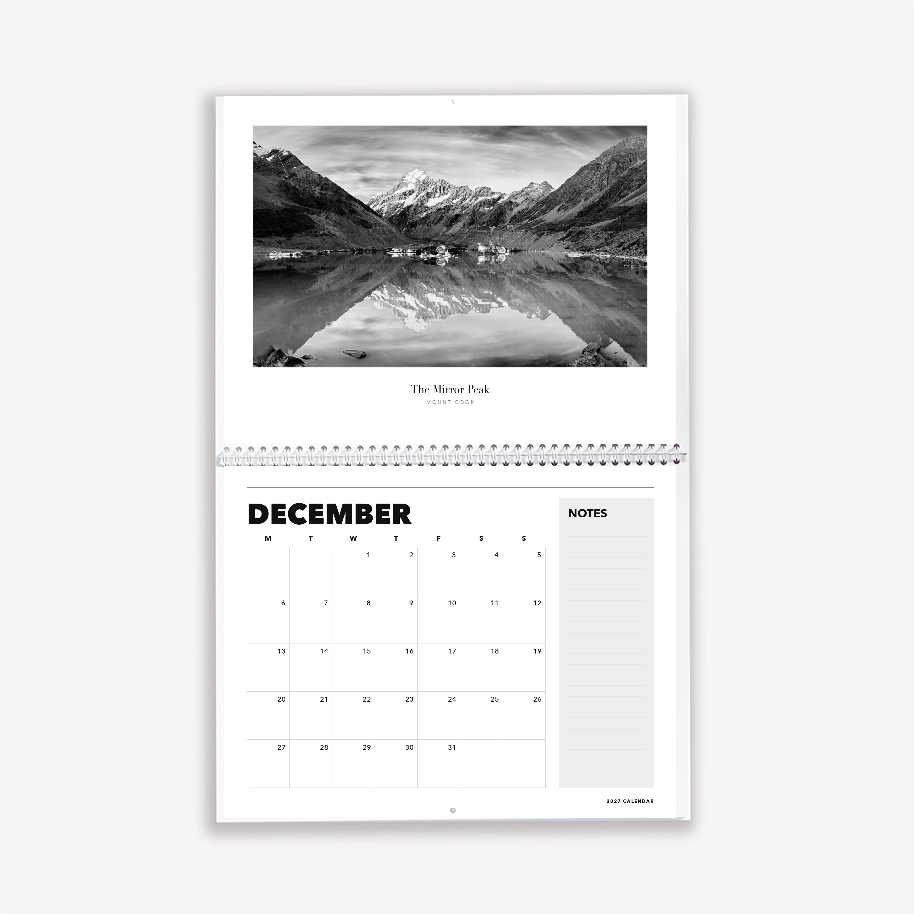 2027 calendar open at December, The Mirror Peak, Mount Cook.