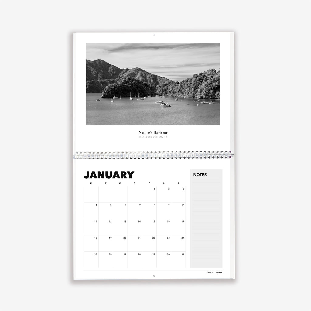 2027 calendar open at January, Nature's Harbour, Marlborough Sound.