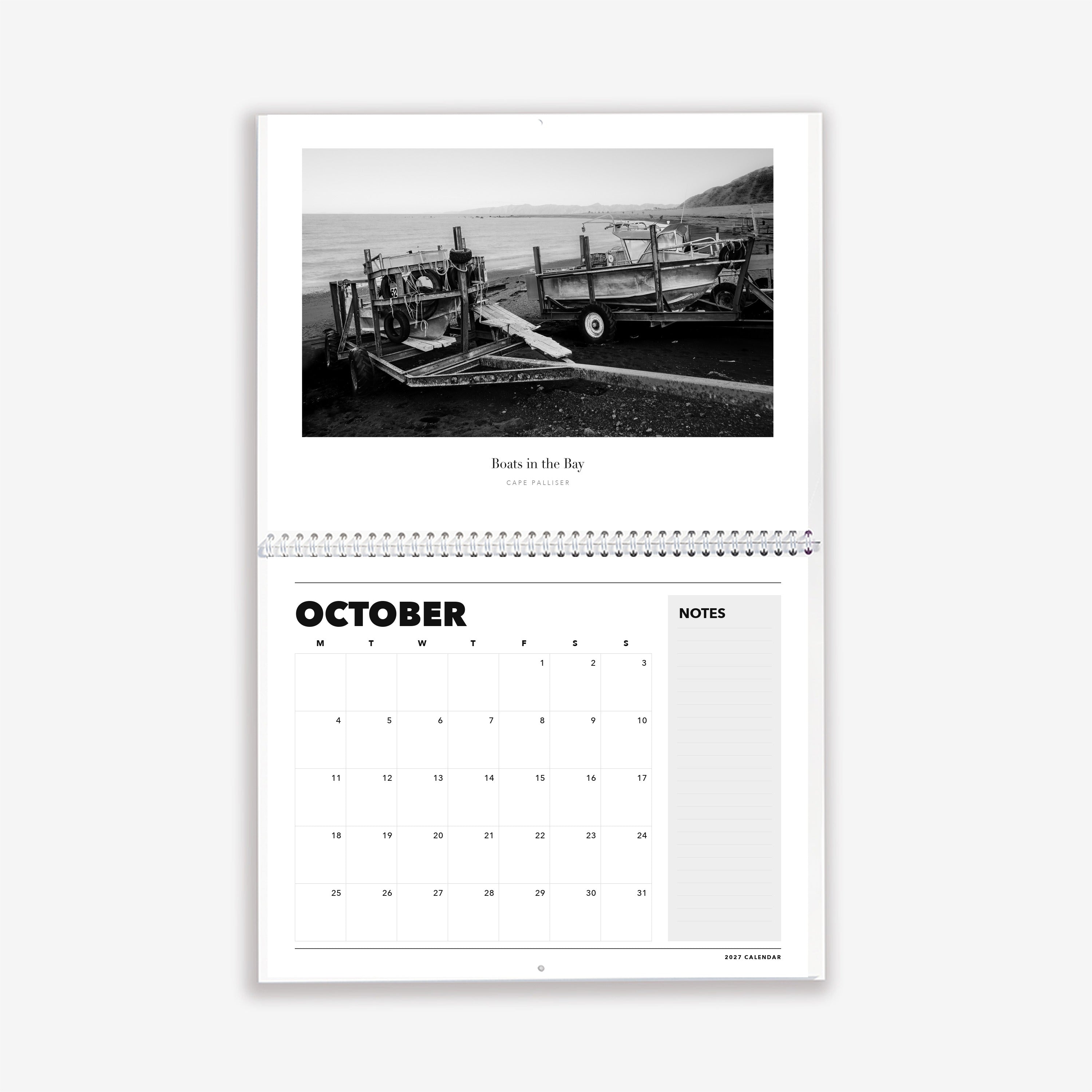 2027 calendar open at October, Boats in the Bay, Cape Palliser.