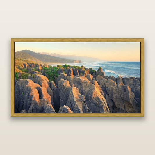 Punakaiki Marvels, South Island — framed metallic canvas print, Antique Gold frame. New Zealand fine art landscape wall art by Stephen Milner.