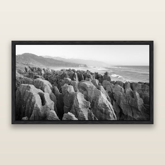 Punakaiki Marvels, South Island, black and white framed metallic canvas print, Black frame. New Zealand fine art wall art by Stephen Milner.