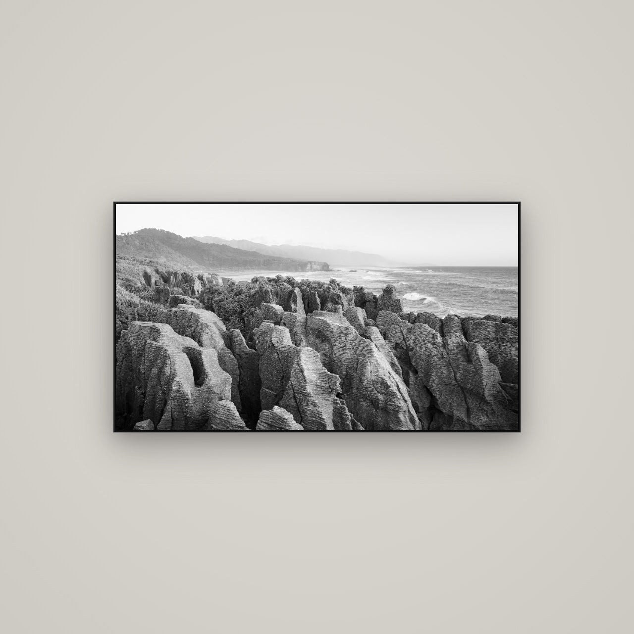 Punakaiki Marvels, South Island — ArtBox Black, 107×60 cm. New Zealand fine art wall art by Stephen Milner.