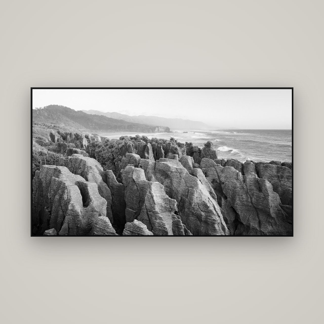 Punakaiki Marvels, South Island — ArtBox Black, 160×90 cm. New Zealand fine art wall art by Stephen Milner.