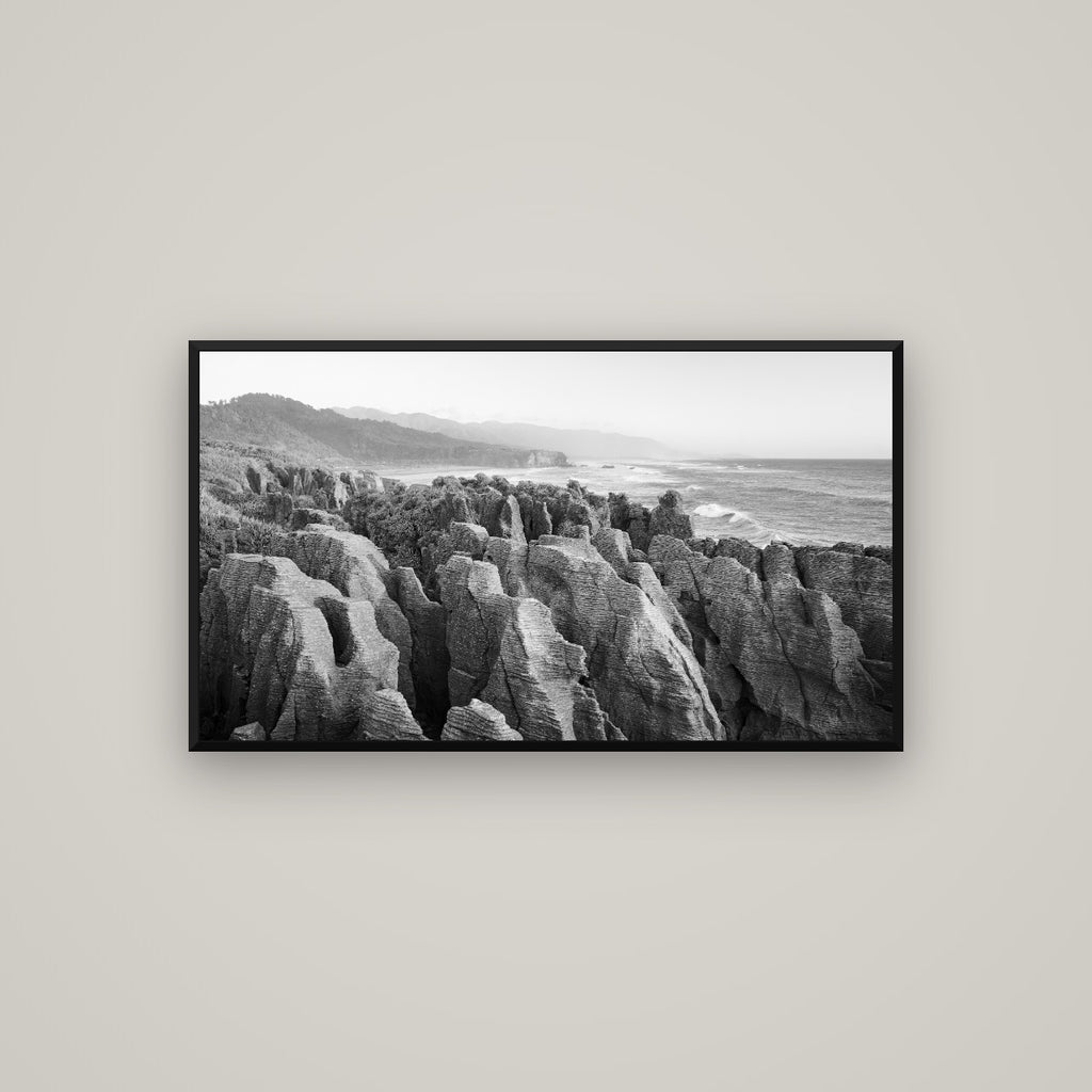 Punakaiki Marvels, South Island — Basel Black Matte, 107×60 cm. New Zealand fine art wall art by Stephen Milner.