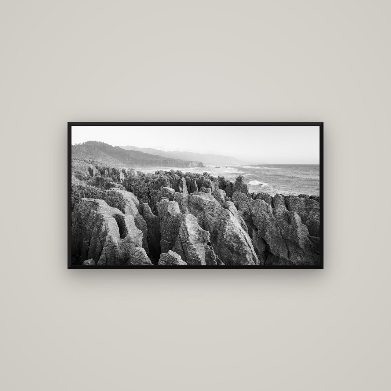 Punakaiki Marvels, South Island — Basel Black, 107×60 cm. New Zealand fine art wall art by Stephen Milner.