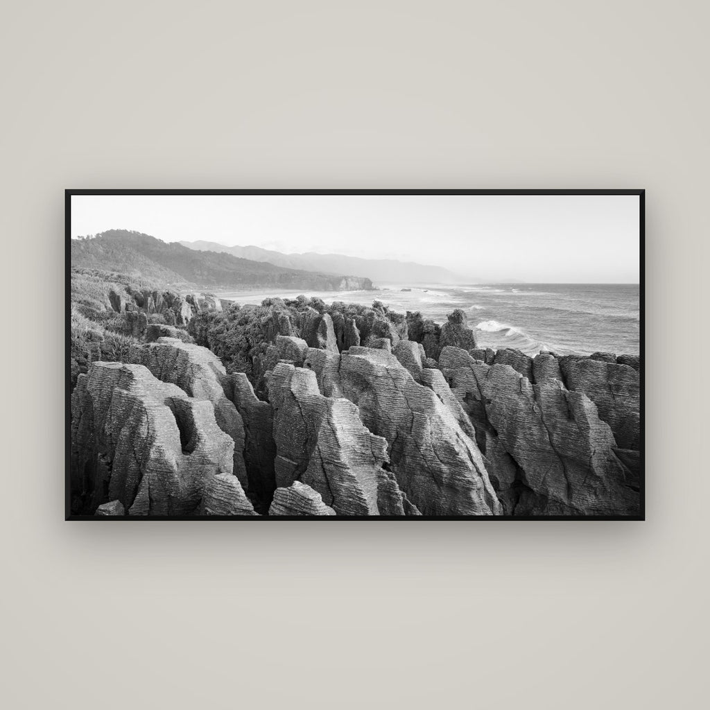 Punakaiki Marvels, South Island — Basel Black Matte, 160×90 cm. New Zealand fine art wall art by Stephen Milner.