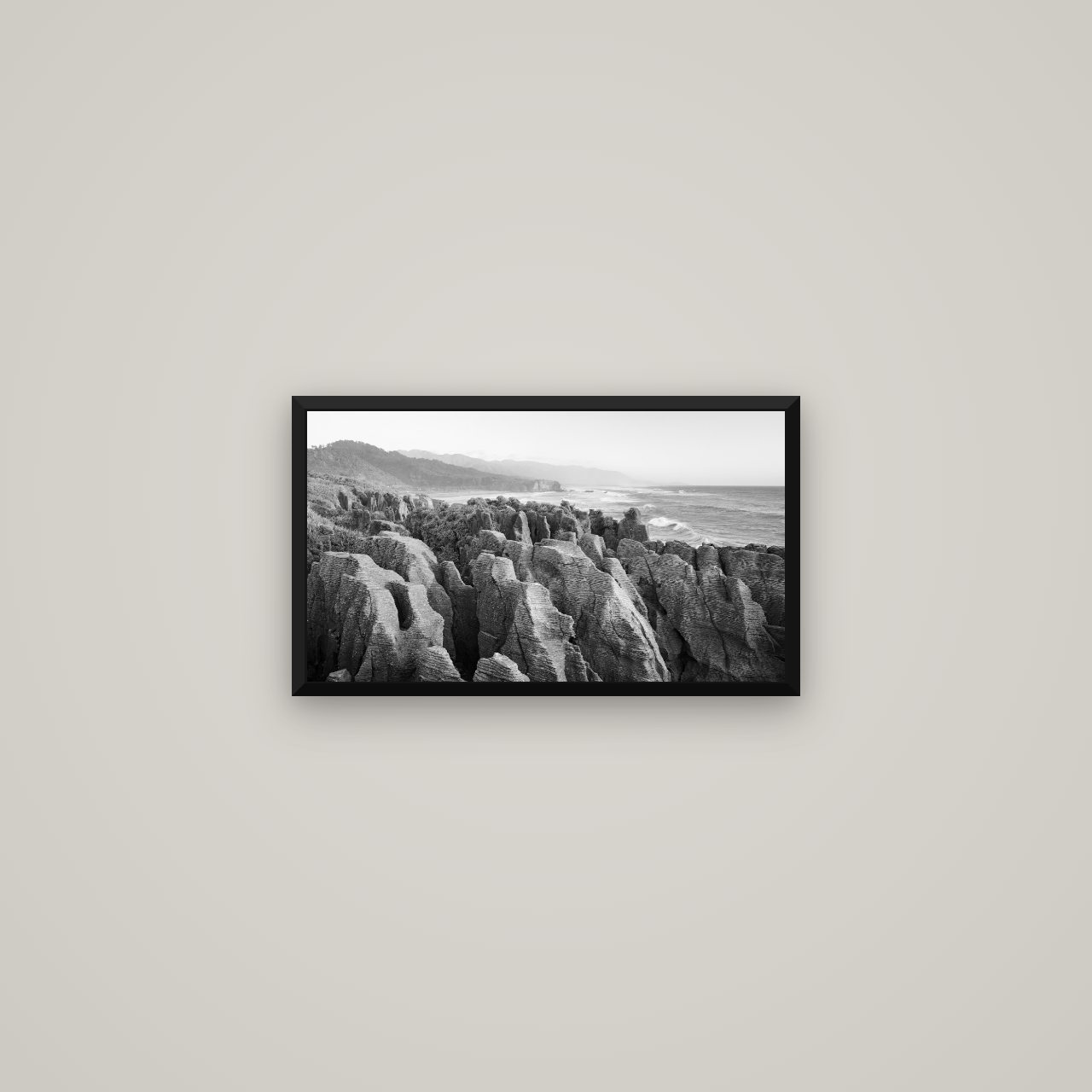 Punakaiki Marvels, South Island — Basel Black Matte, 53×30 cm. New Zealand fine art wall art by Stephen Milner.