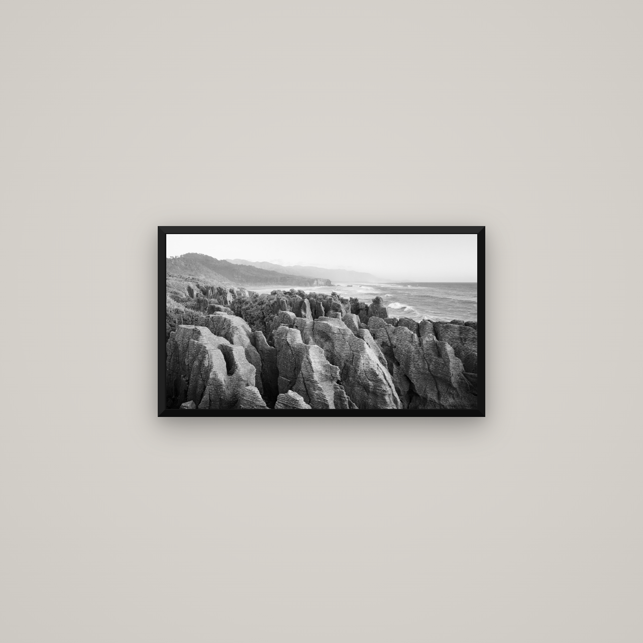 Punakaiki Marvels, South Island — Basel Black Matte, 64×36 cm. New Zealand fine art wall art by Stephen Milner.
