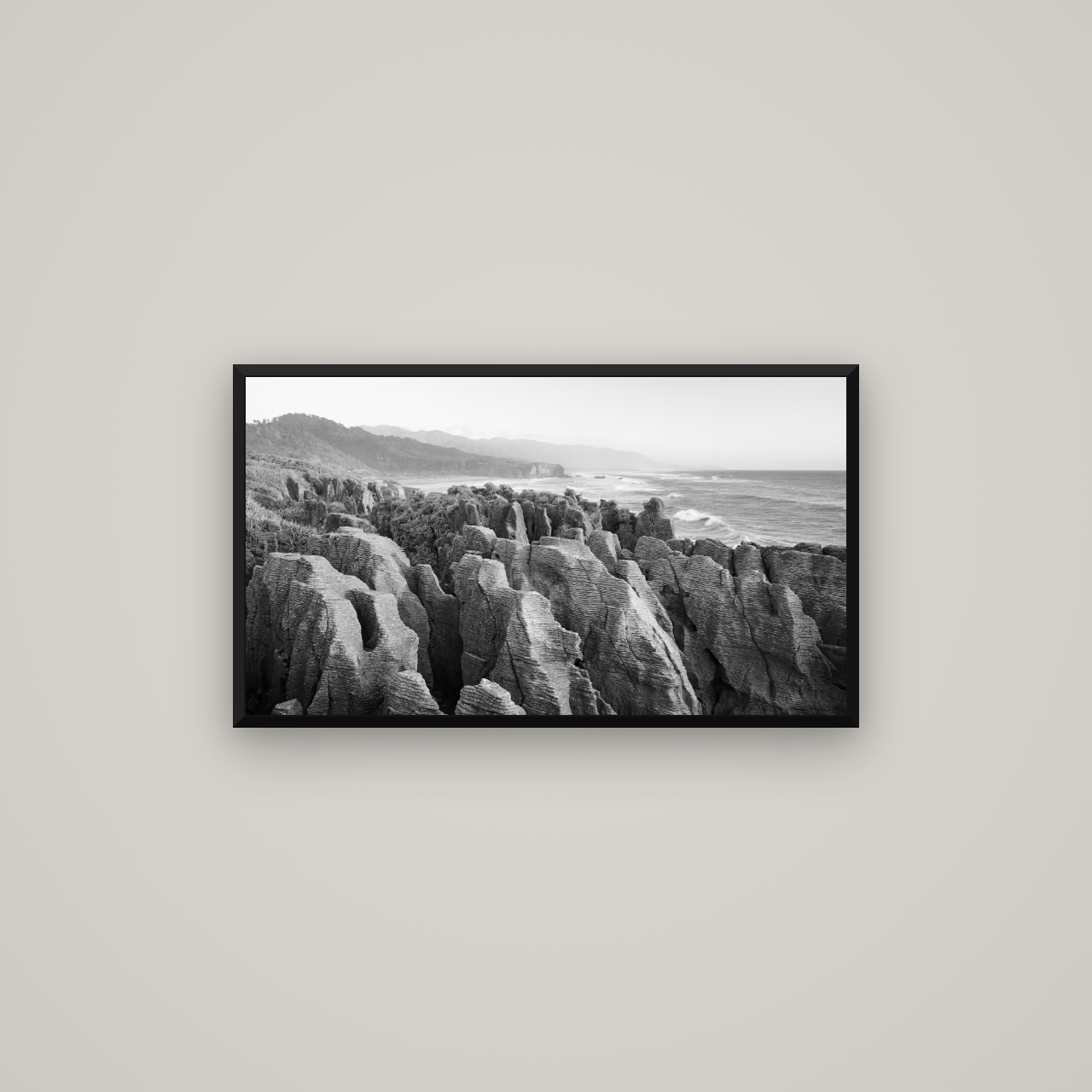 Punakaiki Marvels, South Island — Basel Black Matte, 80×45 cm. New Zealand fine art wall art by Stephen Milner.