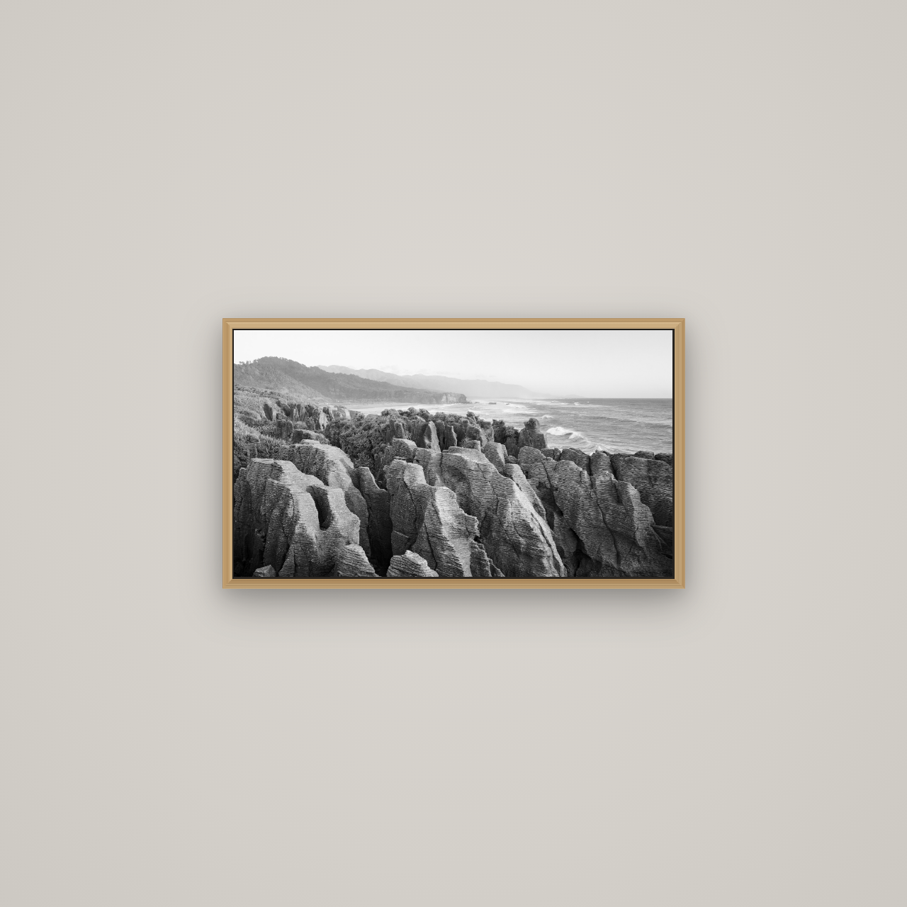 Punakaiki Marvels, South Island, Basel Natural Oak, 64×36 cm. New Zealand fine art wall art by Stephen Milner.
