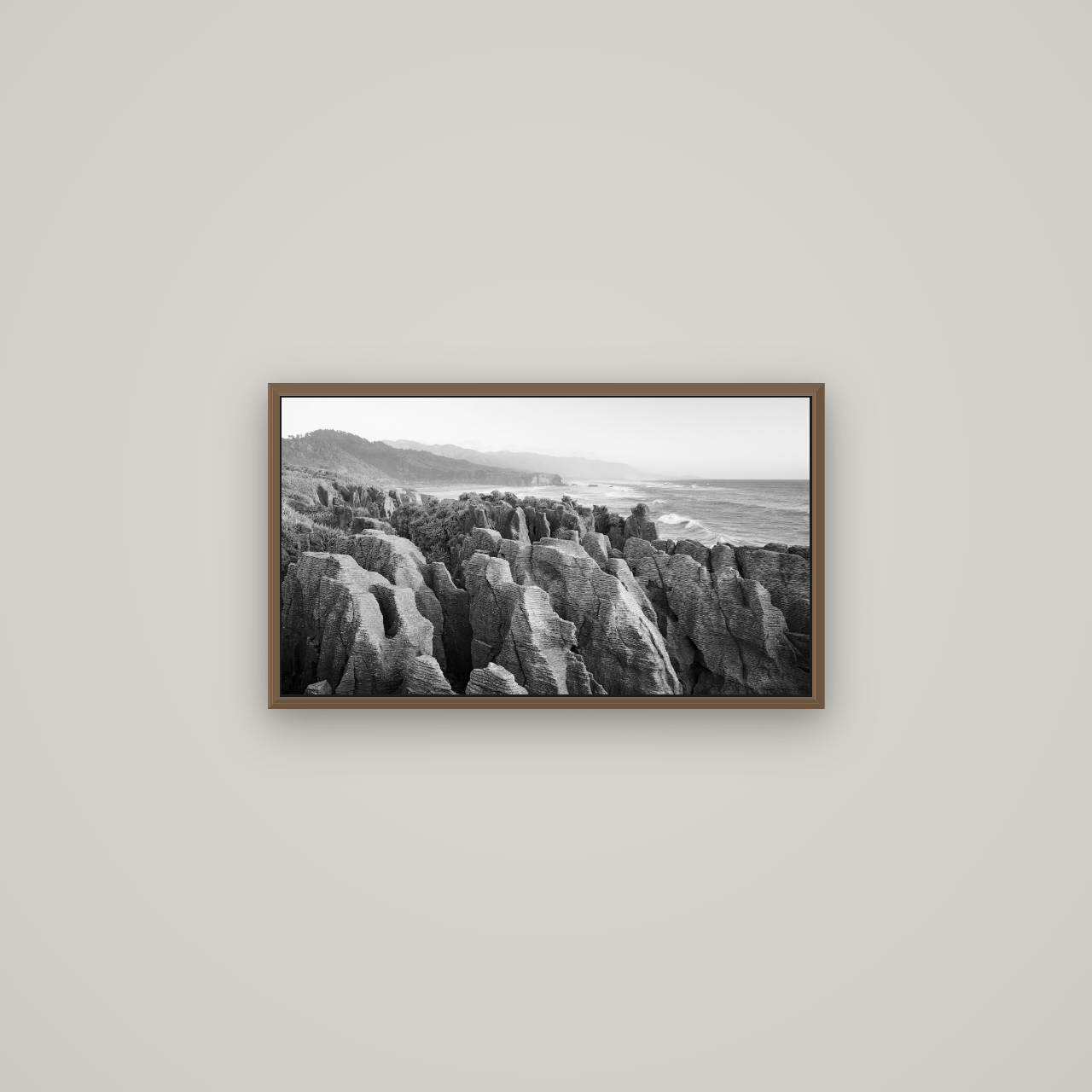 Punakaiki Marvels, South Island, Basel Walnut, 64×36 cm. New Zealand fine art wall art by Stephen Milner.