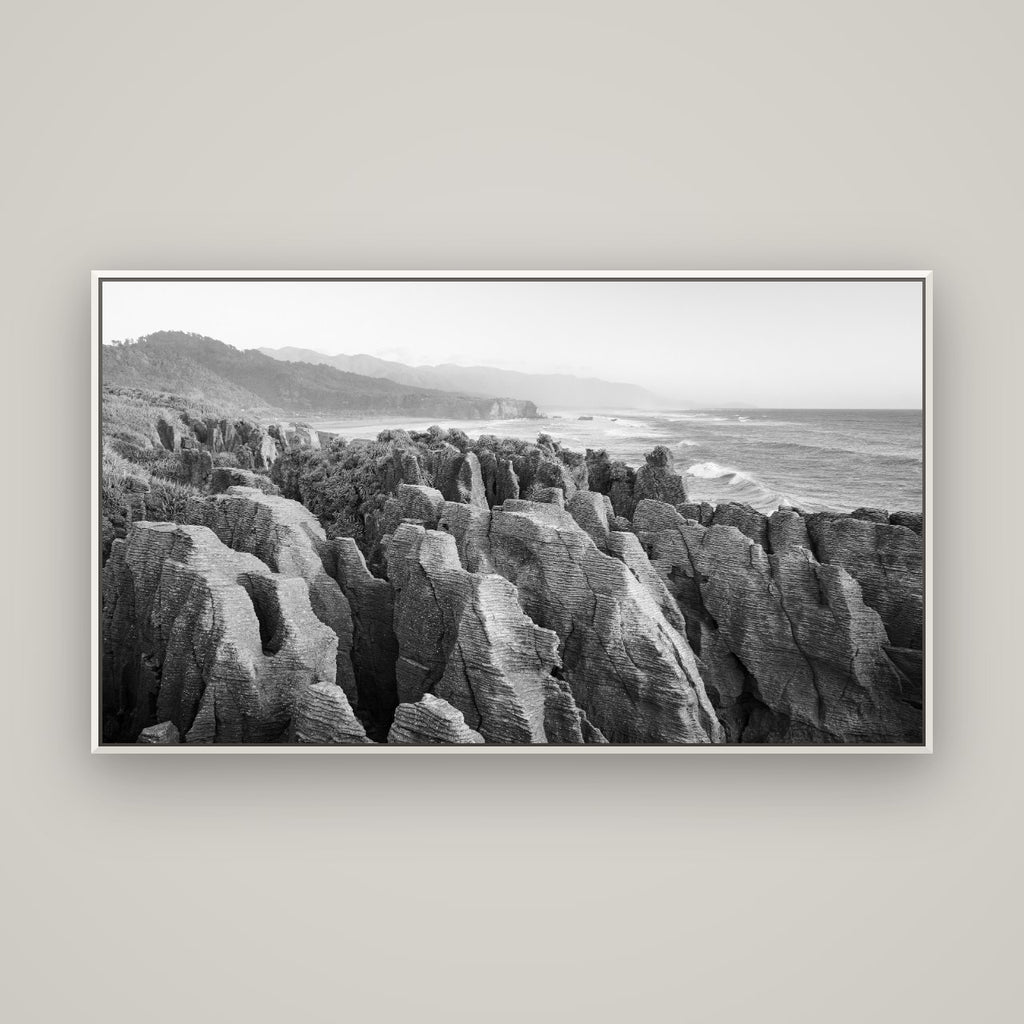 Punakaiki Marvels, South Island — Basel White, 160×90 cm. New Zealand fine art wall art by Stephen Milner.