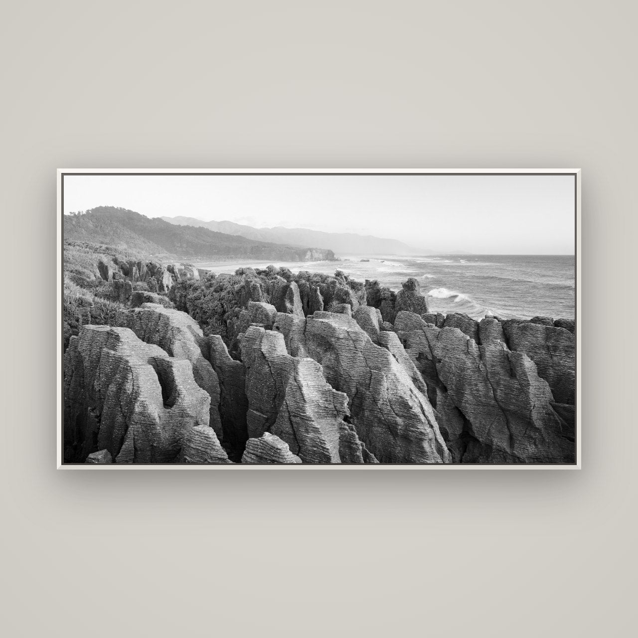 Punakaiki Marvels, South Island — Basel White, 160×90 cm. New Zealand fine art wall art by Stephen Milner.