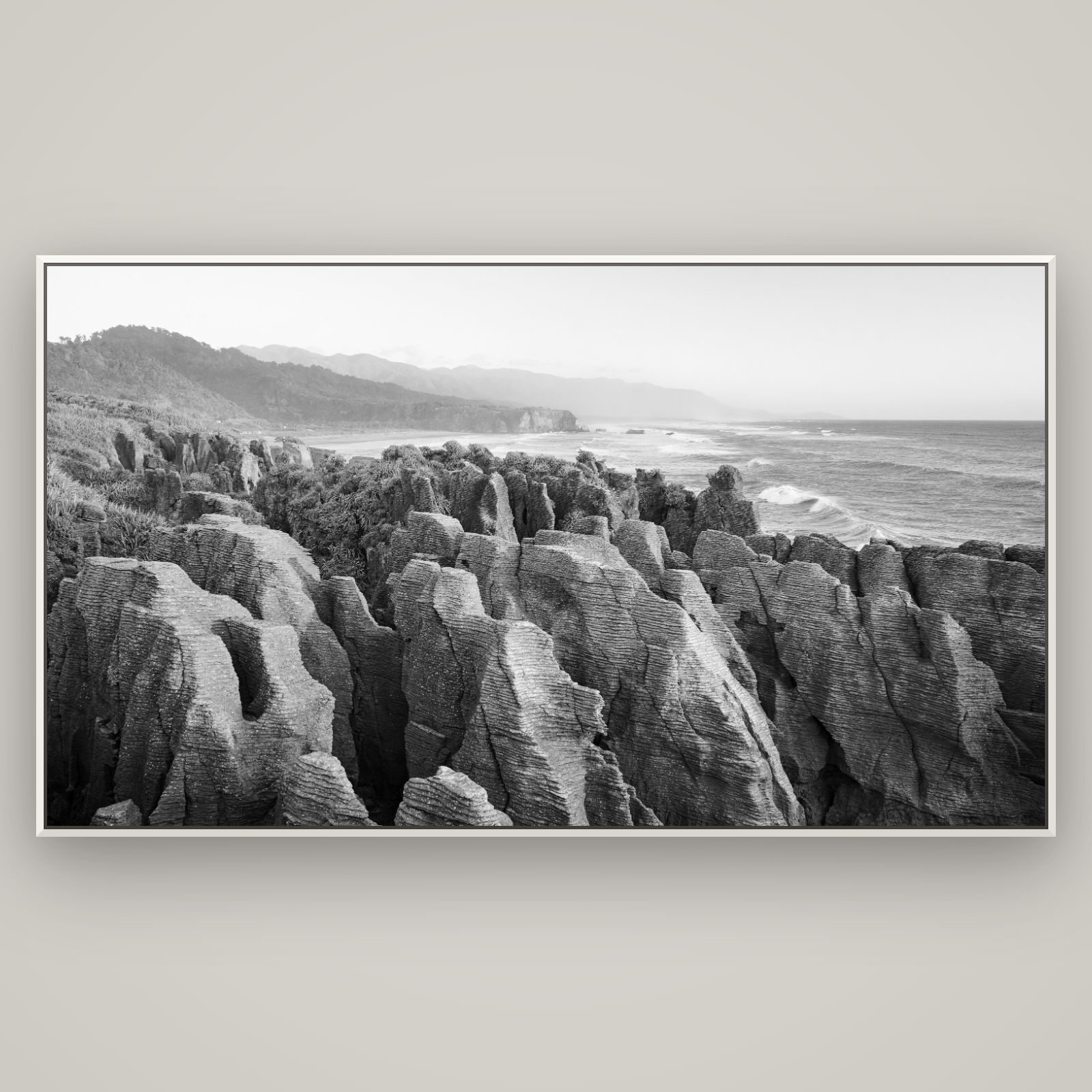Punakaiki Marvels, South Island — Basel White, 196×110 cm. New Zealand fine art wall art by Stephen Milner.