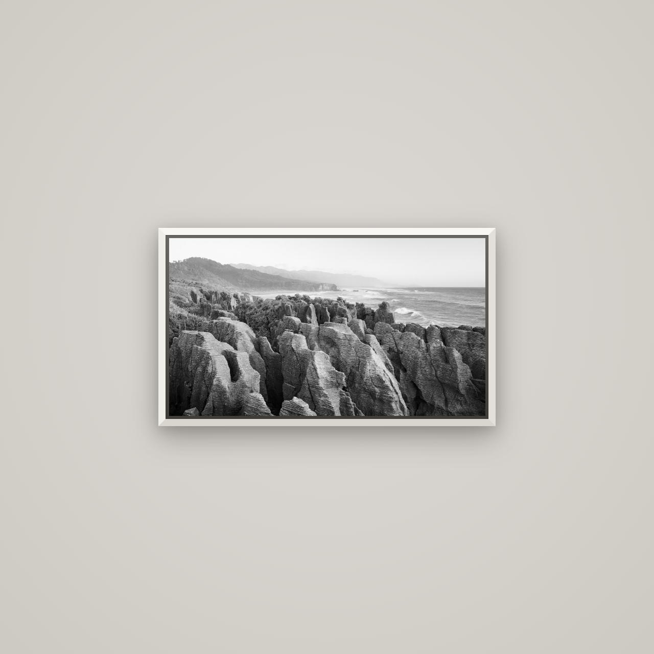 Punakaiki Marvels, South Island — Basel White, 64×36 cm. New Zealand fine art wall art by Stephen Milner.
