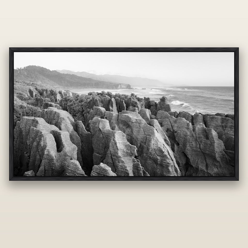 Punakaiki Marvels, South Island — black float frame canvas, 200 × 130 cm. New Zealand fine art landscape wall art by Stephen Milner.