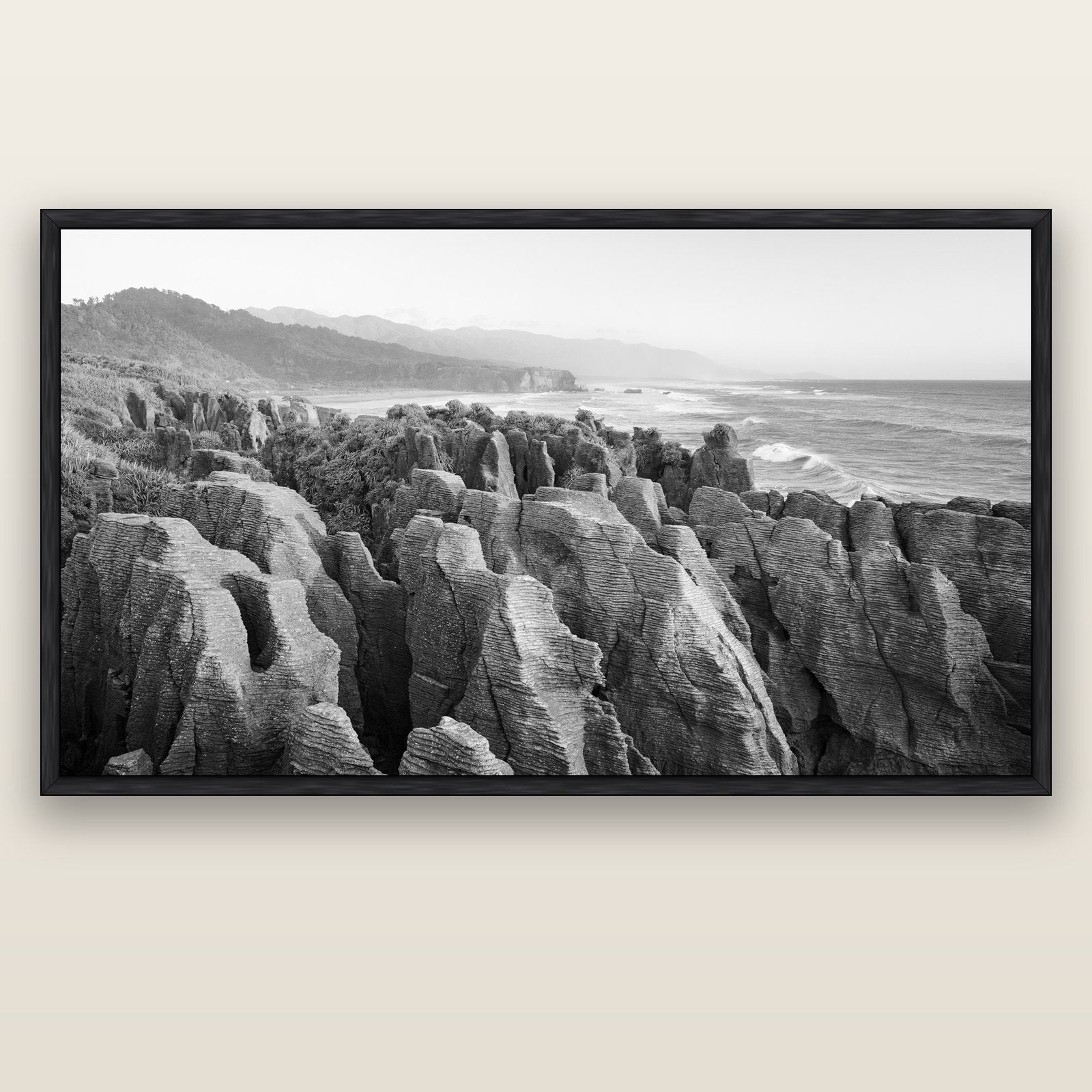 Punakaiki Marvels, South Island — black float frame canvas, 200 × 130 cm. New Zealand fine art landscape wall art by Stephen Milner.