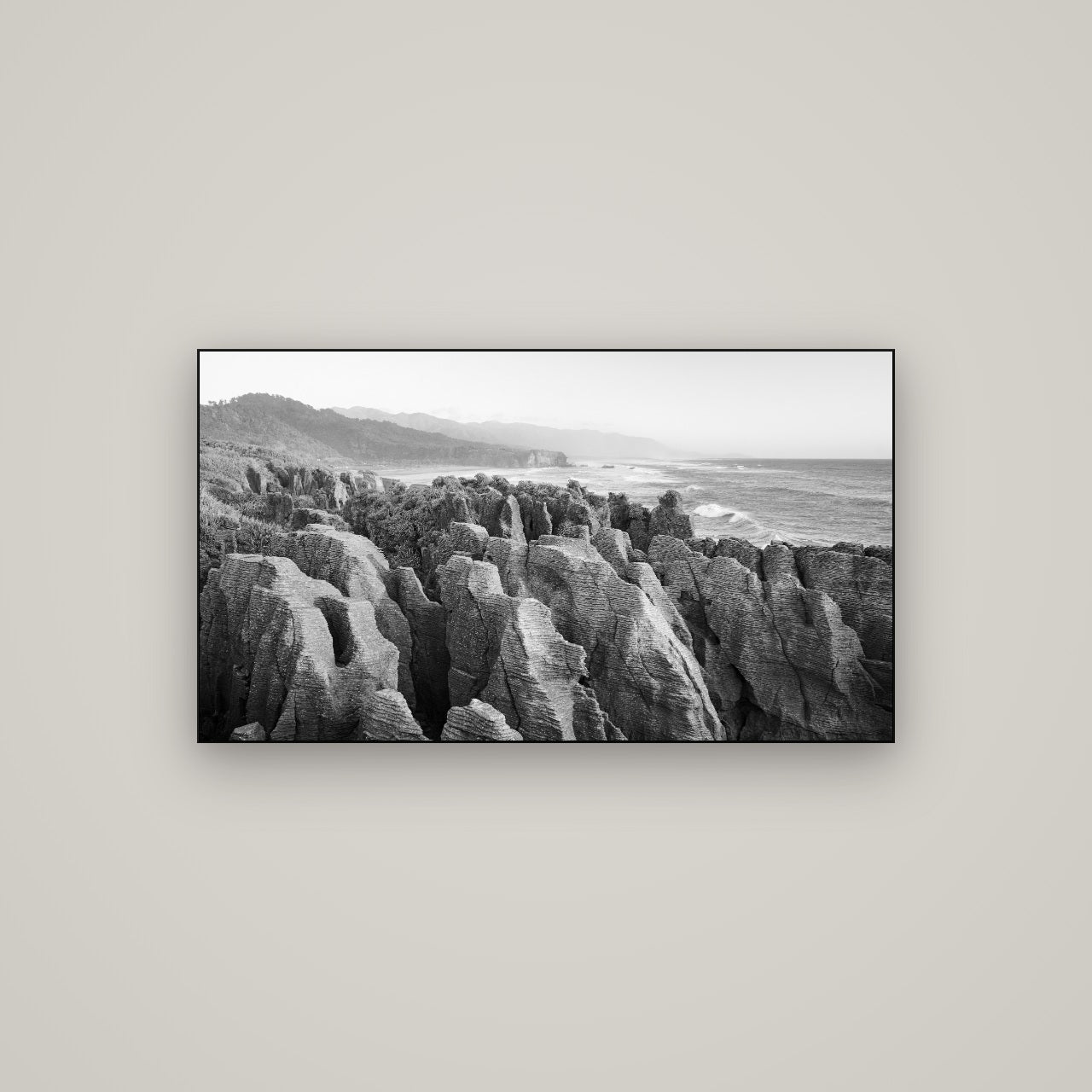 Punakaiki Marvels, South Island — Slimline Black, 107×60 cm. New Zealand fine art wall art by Stephen Milner.