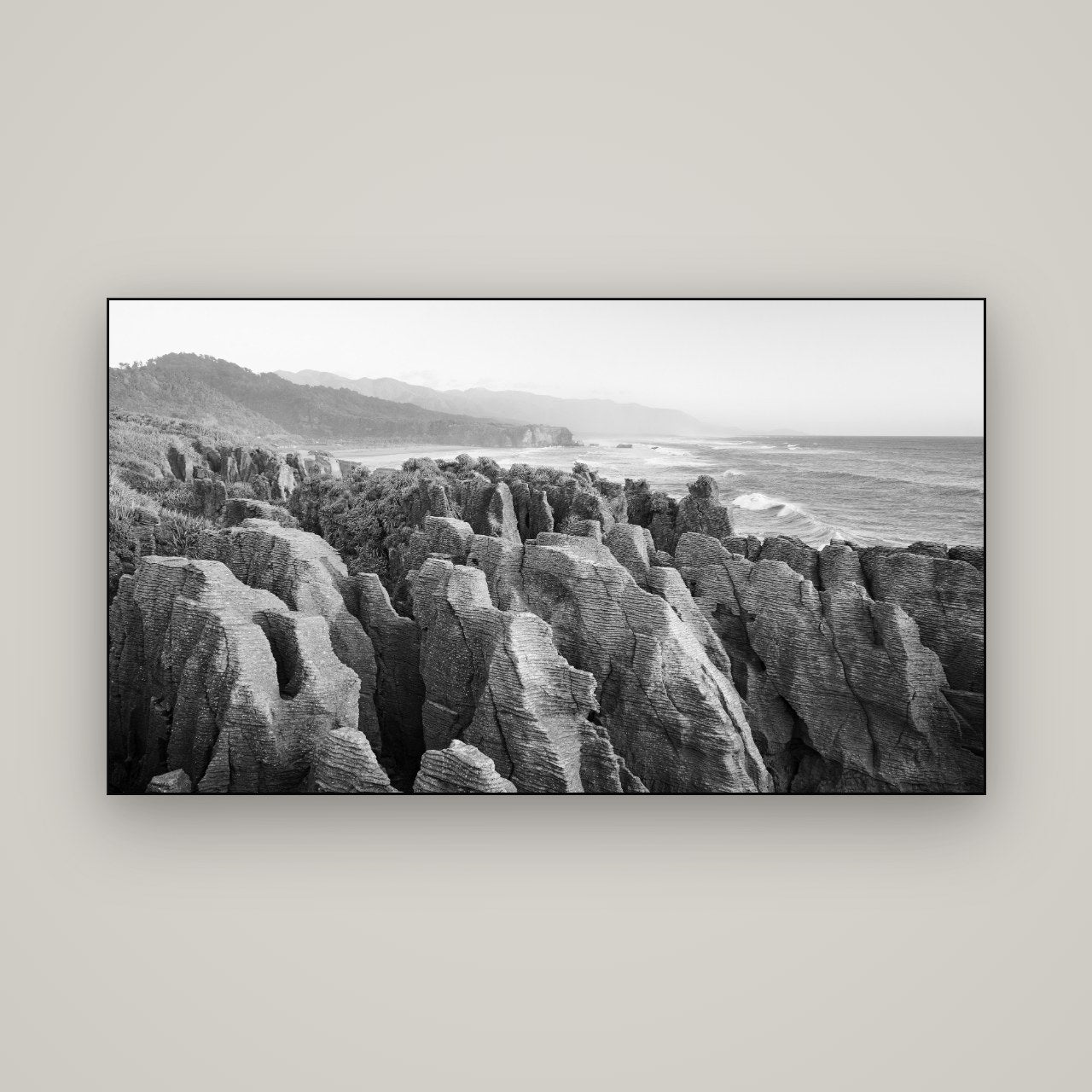 Punakaiki Marvels, South Island — Slimline Black, 160×90 cm. New Zealand fine art wall art by Stephen Milner.