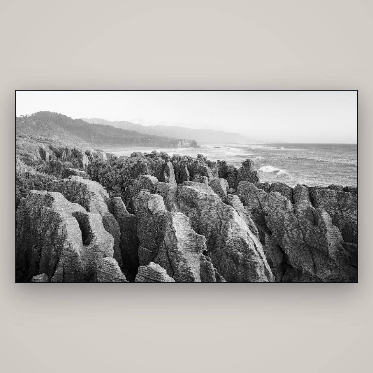 Punakaiki Marvels, South Island — Slimline Black, 196×110 cm. New Zealand fine art wall art by Stephen Milner.