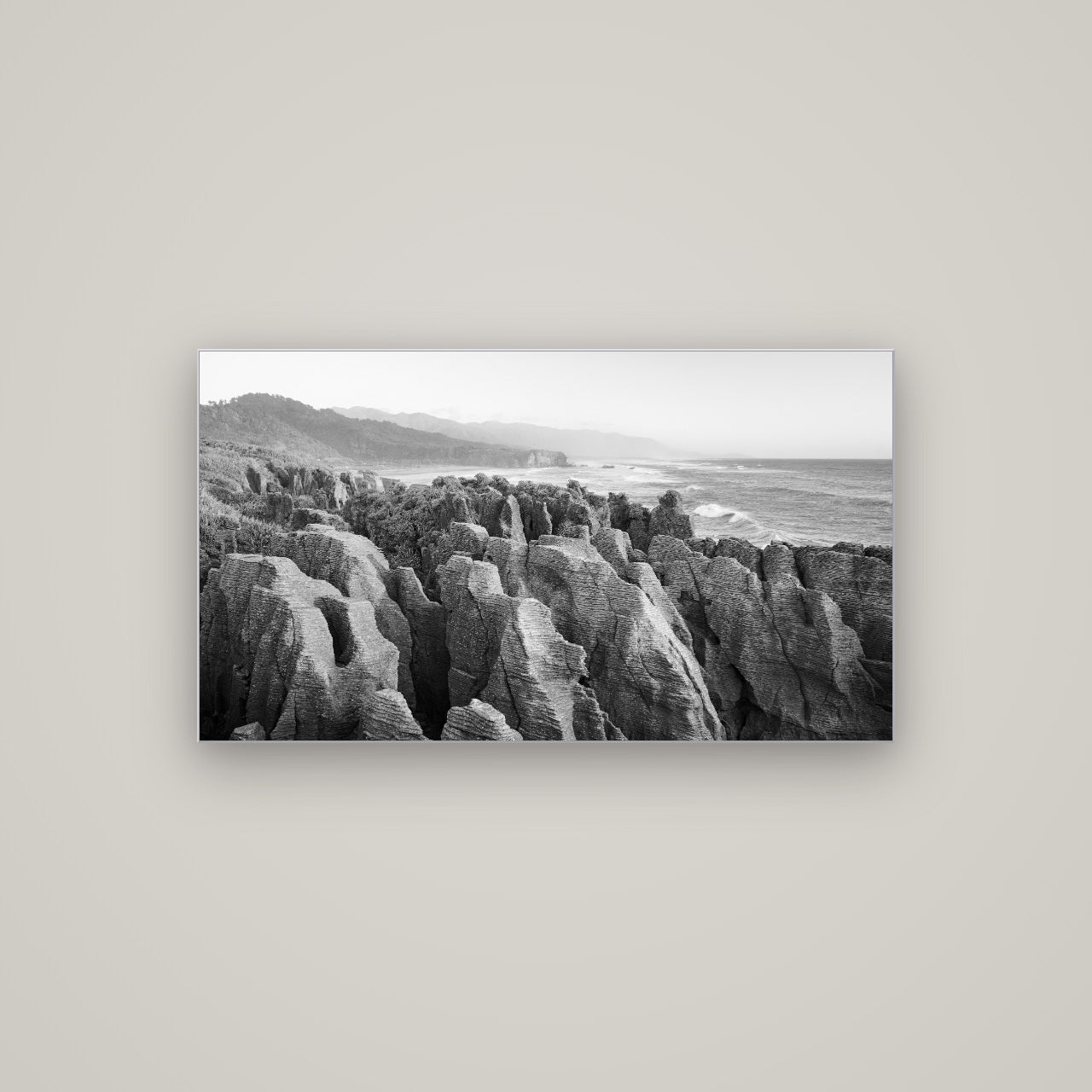 Punakaiki Marvels, South Island — Slimline Silver, 107×60 cm. New Zealand fine art wall art by Stephen Milner.