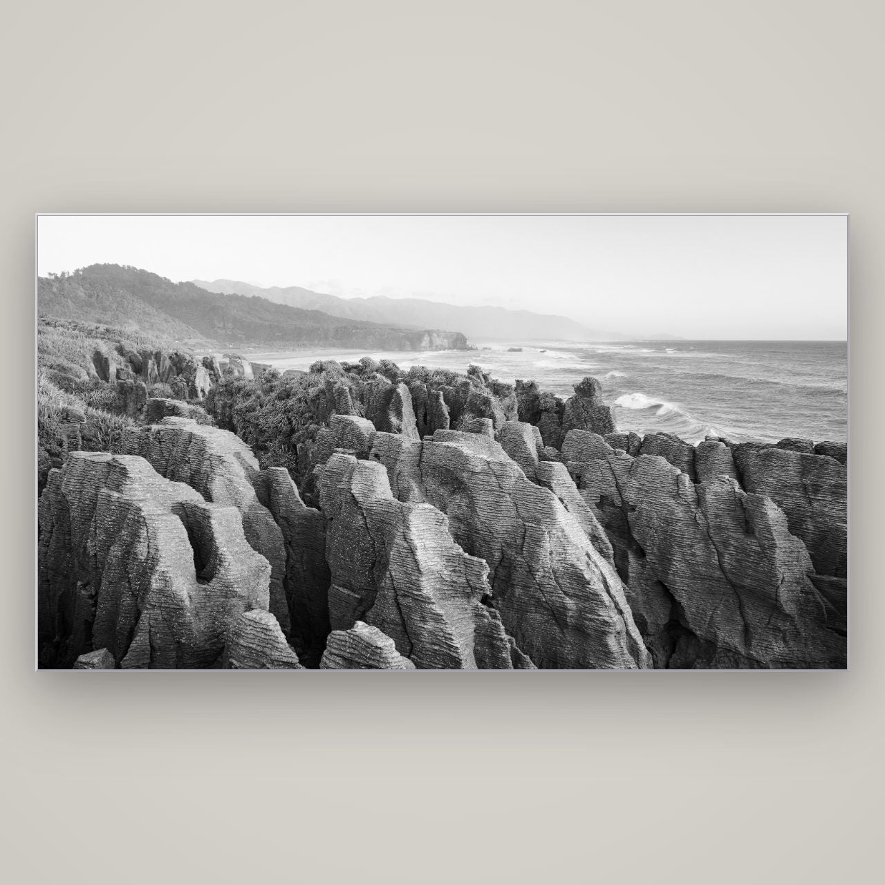 Punakaiki Marvels, South Island — Slimline Silver, 196×110 cm. New Zealand fine art wall art by Stephen Milner.