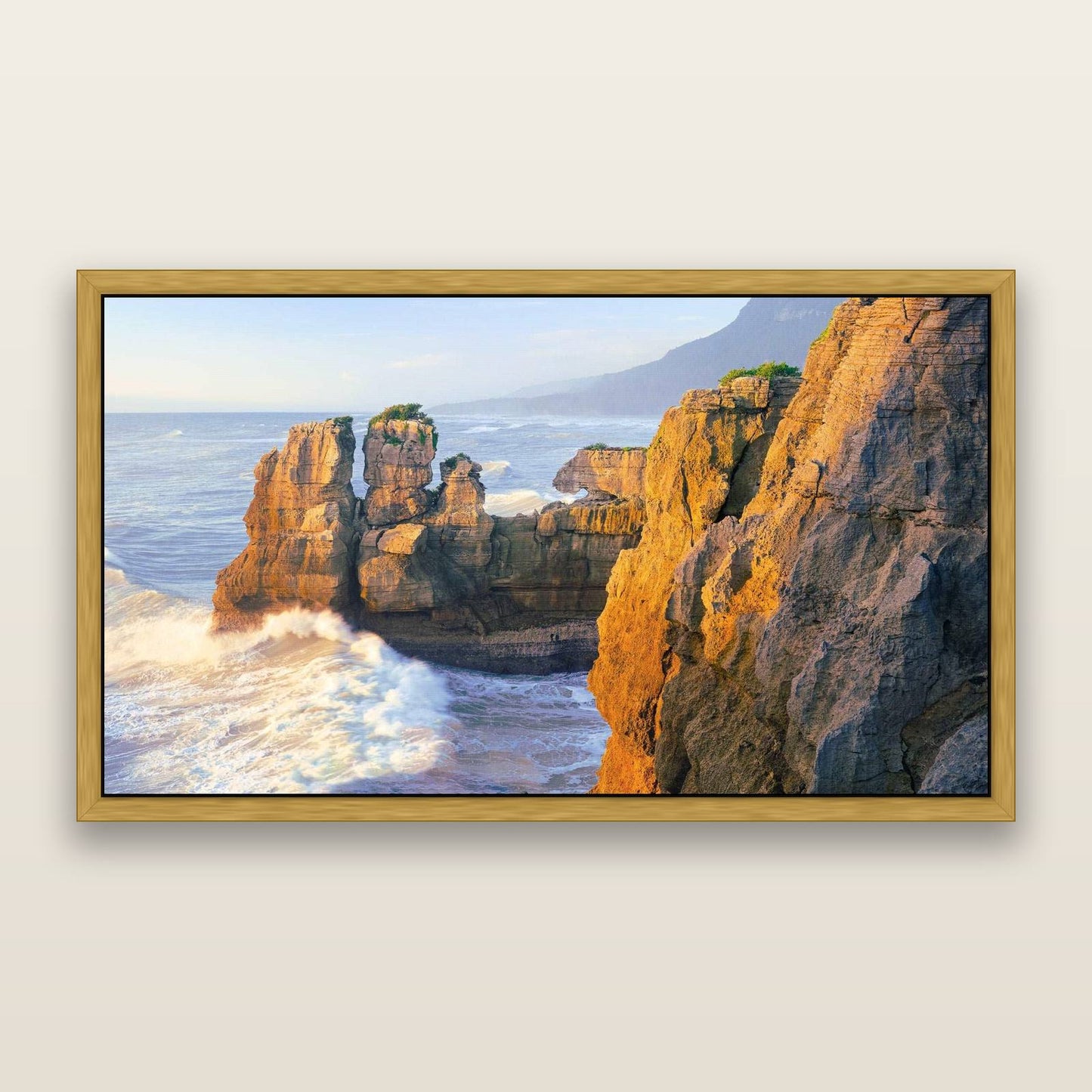 Punakaiki Sculptures, South Island — framed metallic canvas print, Antique Gold frame. New Zealand fine art landscape wall art by Stephen Milner.