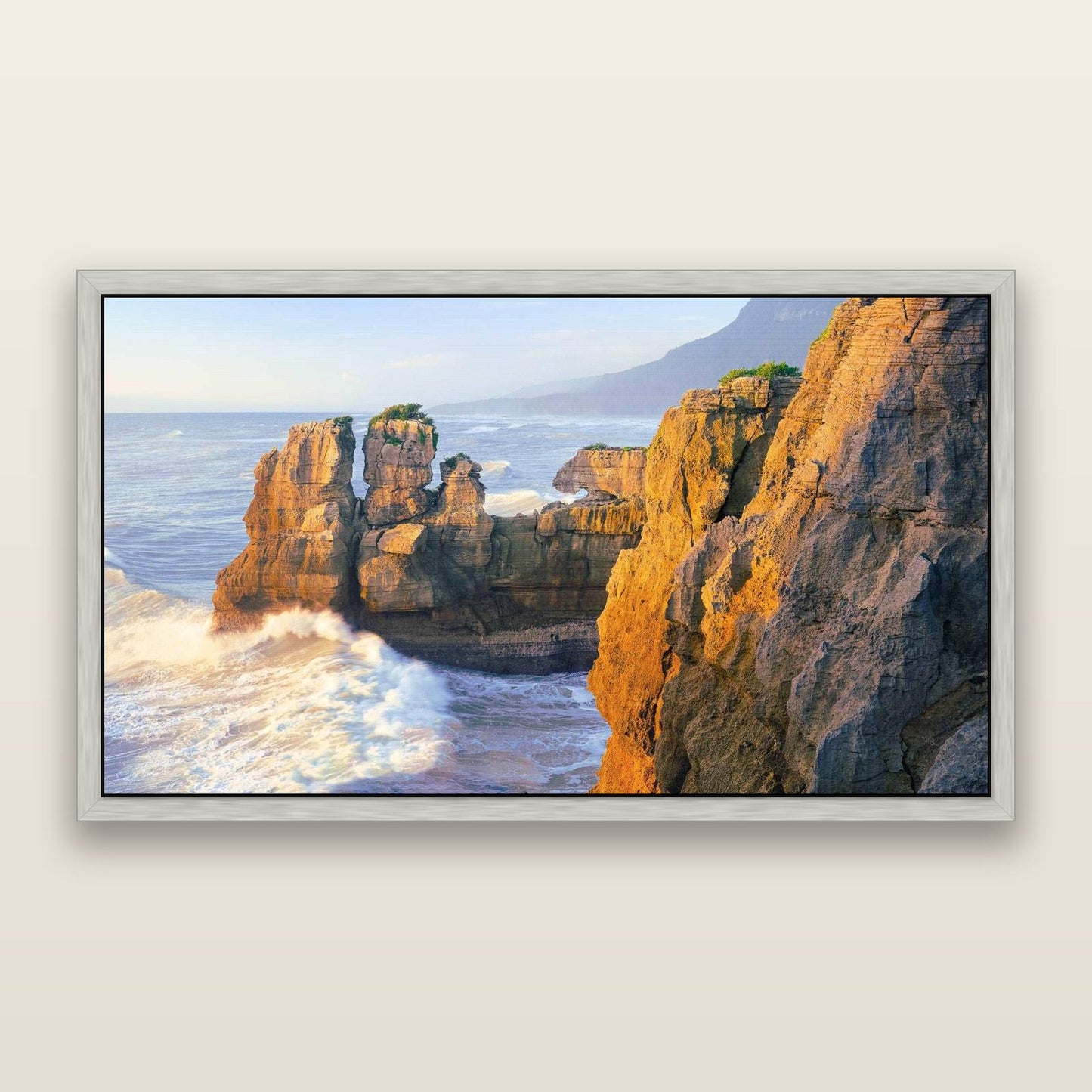 Punakaiki Sculptures, South Island — framed metallic canvas print, Antique Silver frame. New Zealand fine art landscape wall art by Stephen Milner.