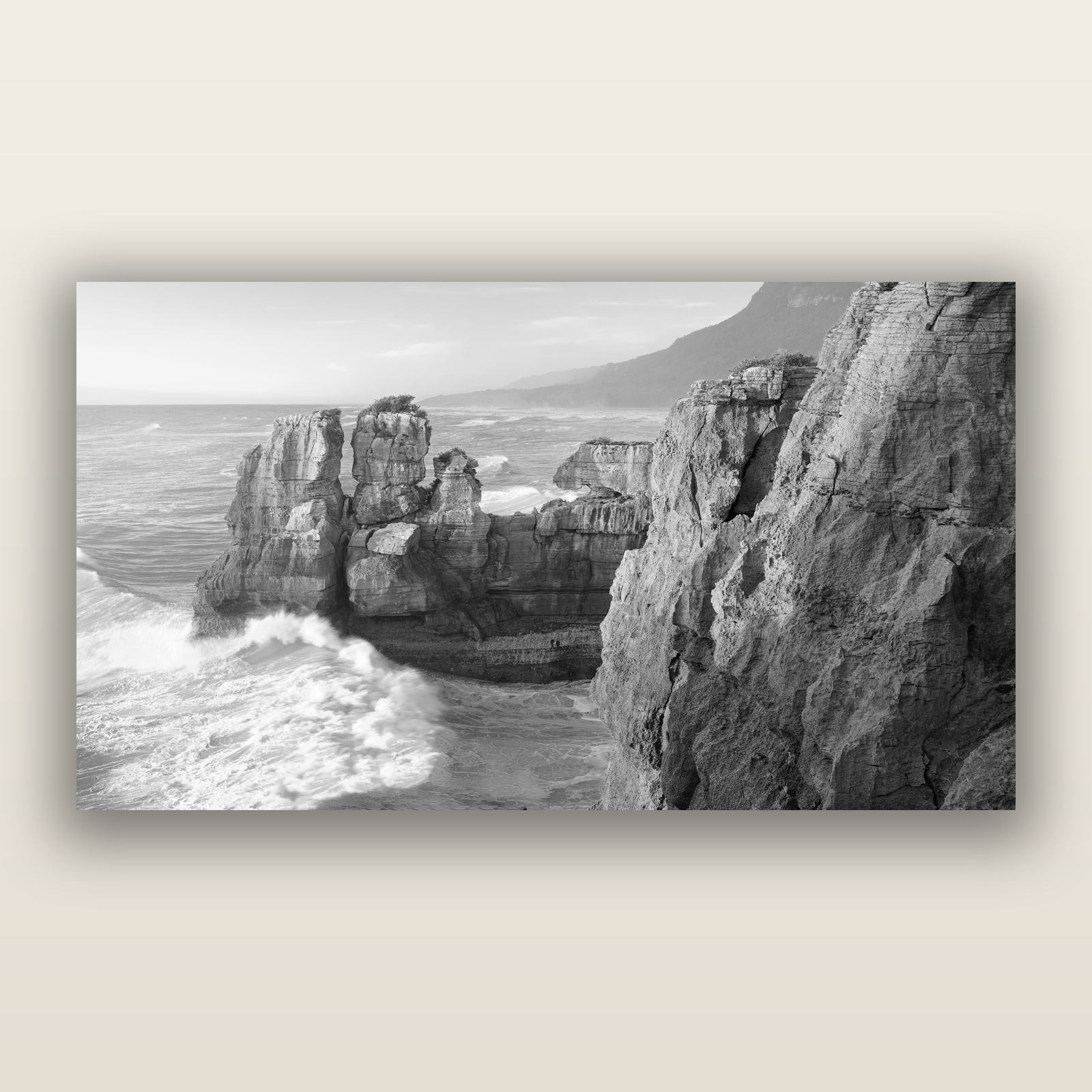 Punakaiki Sculptures, South Island, black and white frameless acrylic glass print. New Zealand fine art photography by Stephen Milner.