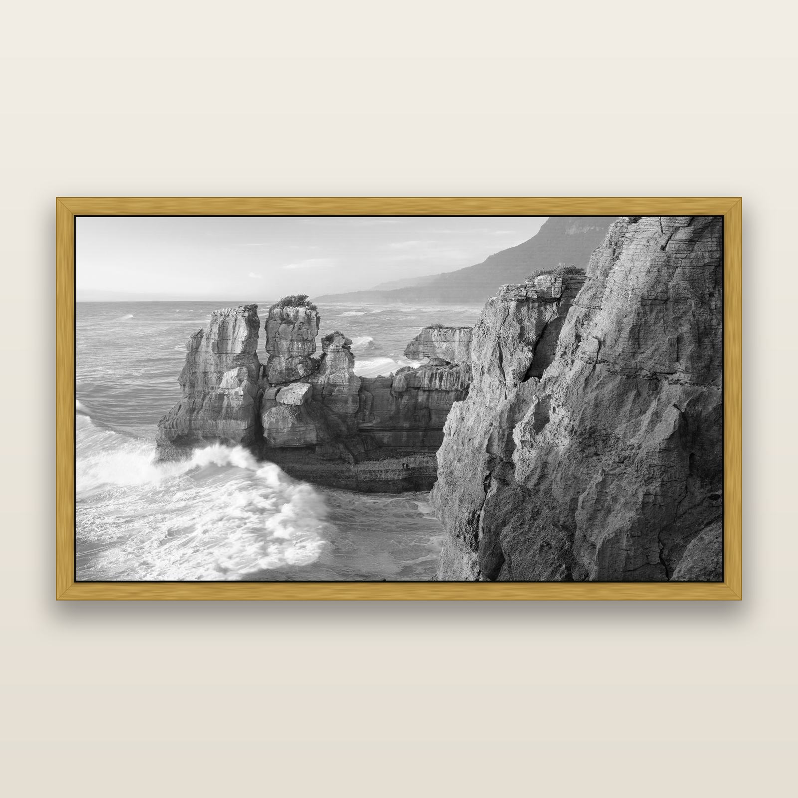 Punakaiki Sculptures, South Island, black and white framed metallic canvas print, Antique Gold frame. New Zealand fine art wall art by Stephen Milner.