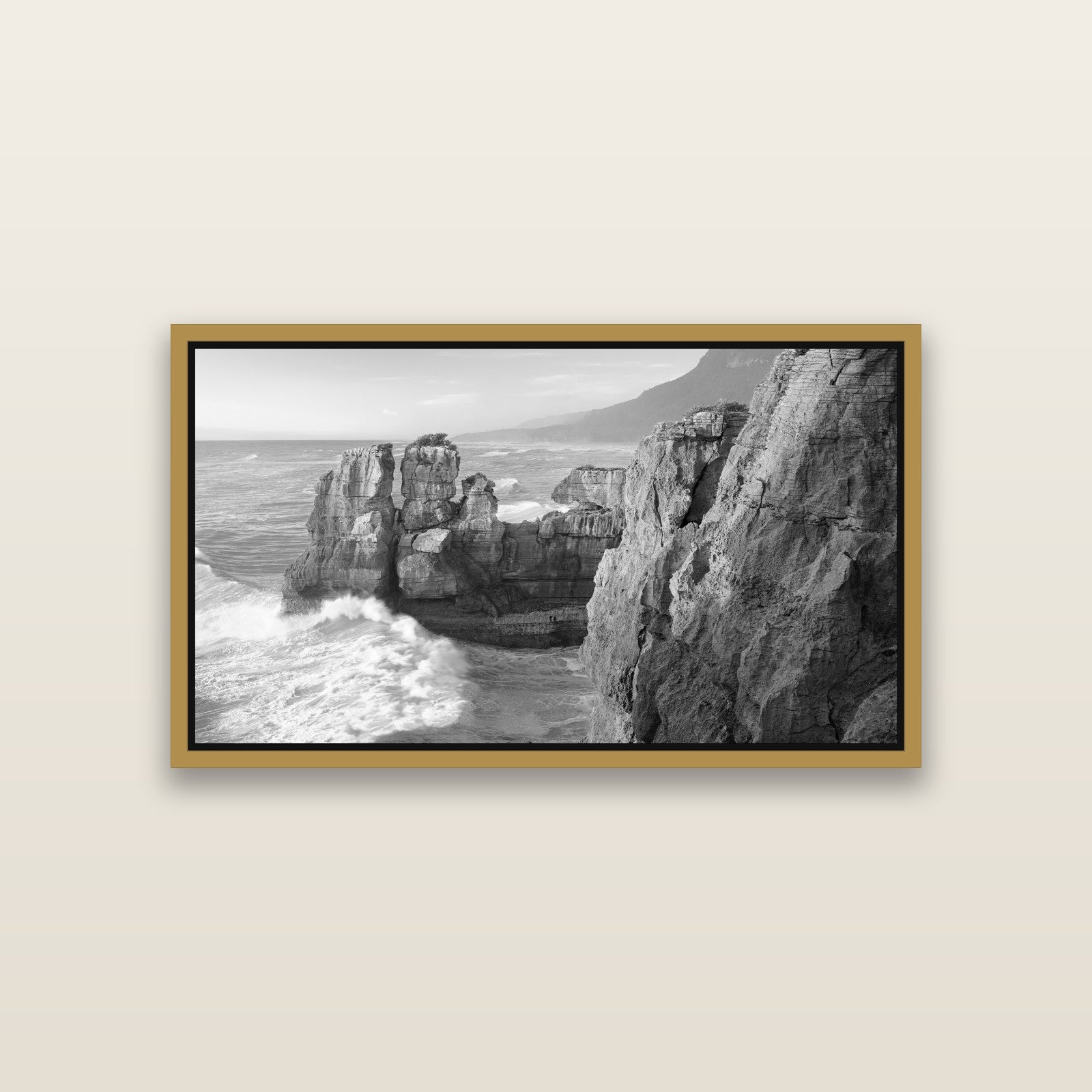 Punakaiki Sculptures, South Island — Antique Gold framed metallic canvas print, small 81 × 46 cm. New Zealand fine art landscape wall art by Stephen Milner.