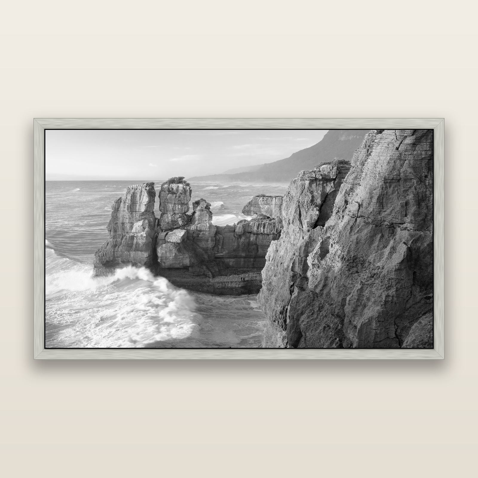 Punakaiki Sculptures, South Island, black and white framed metallic canvas print, Antique Silver frame. New Zealand fine art wall art by Stephen Milner.