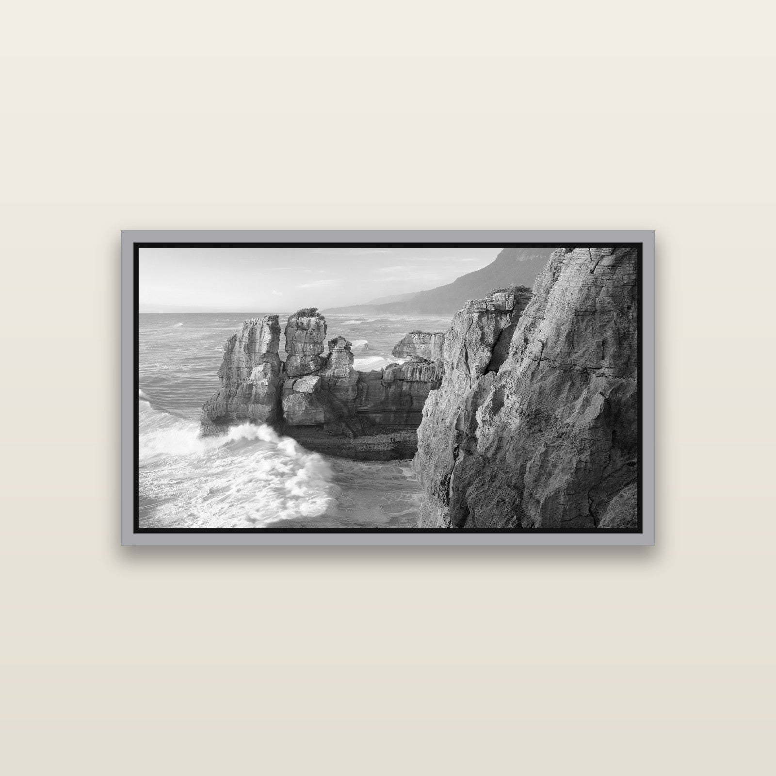 Punakaiki Sculptures, South Island — Antique Silver framed metallic canvas print, small 81 × 46 cm. New Zealand fine art landscape wall art by Stephen Milner.