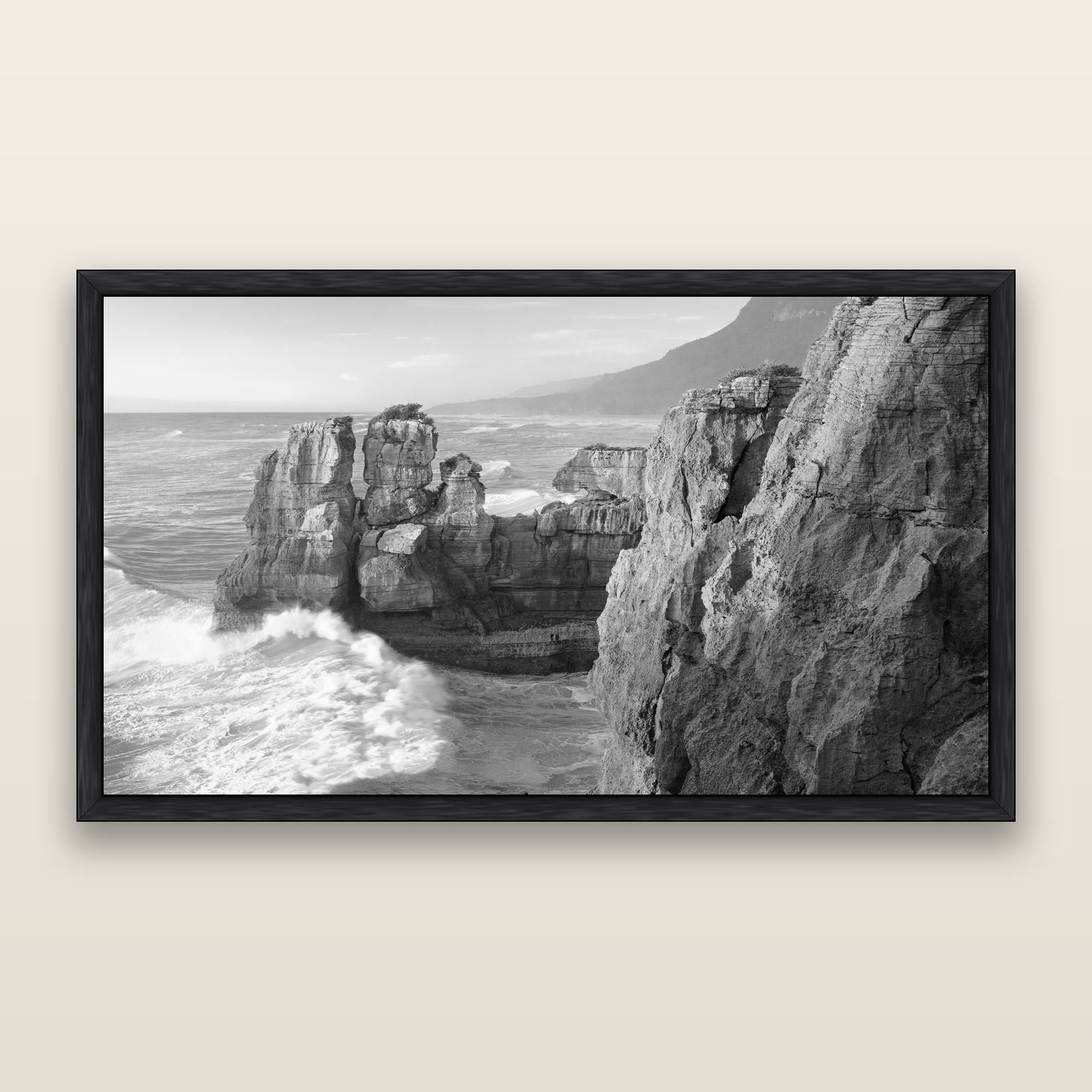 Punakaiki Sculptures, South Island, black and white framed metallic canvas print, Black frame. New Zealand fine art wall art by Stephen Milner.