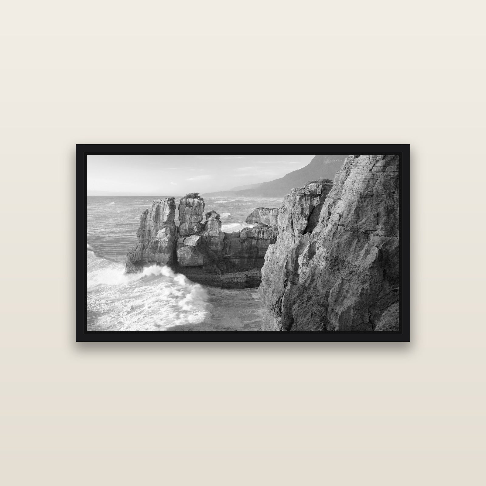 Punakaiki Sculptures, South Island — Black framed metallic canvas print, small 81 × 46 cm. New Zealand fine art landscape wall art by Stephen Milner.