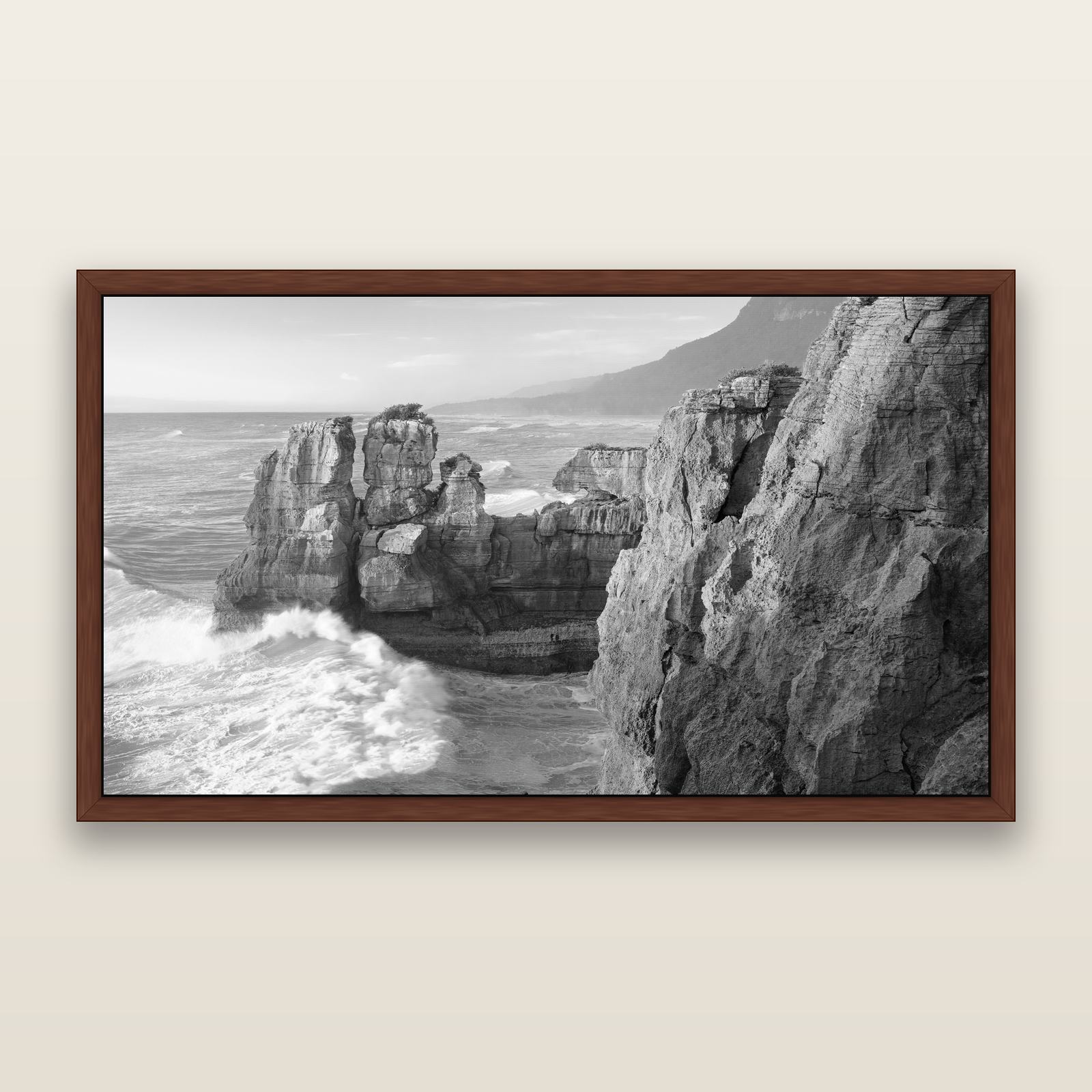 Punakaiki Sculptures, South Island, black and white framed metallic canvas print, Brown frame. New Zealand fine art wall art by Stephen Milner.