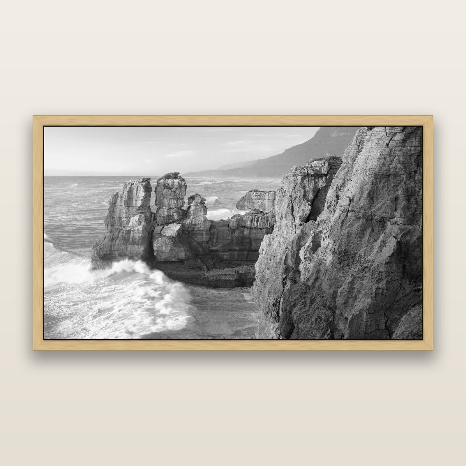Punakaiki Sculptures, South Island, black and white framed metallic canvas print, Natural frame. New Zealand fine art wall art by Stephen Milner.