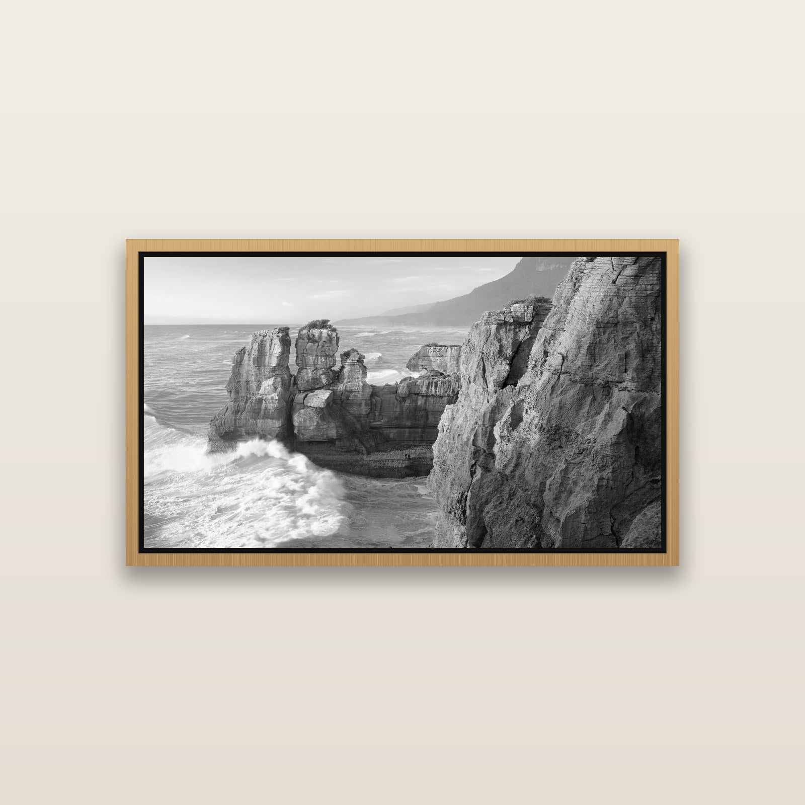 Punakaiki Sculptures, South Island — Natural framed metallic canvas print, small 81 × 46 cm. New Zealand fine art landscape wall art by Stephen Milner.