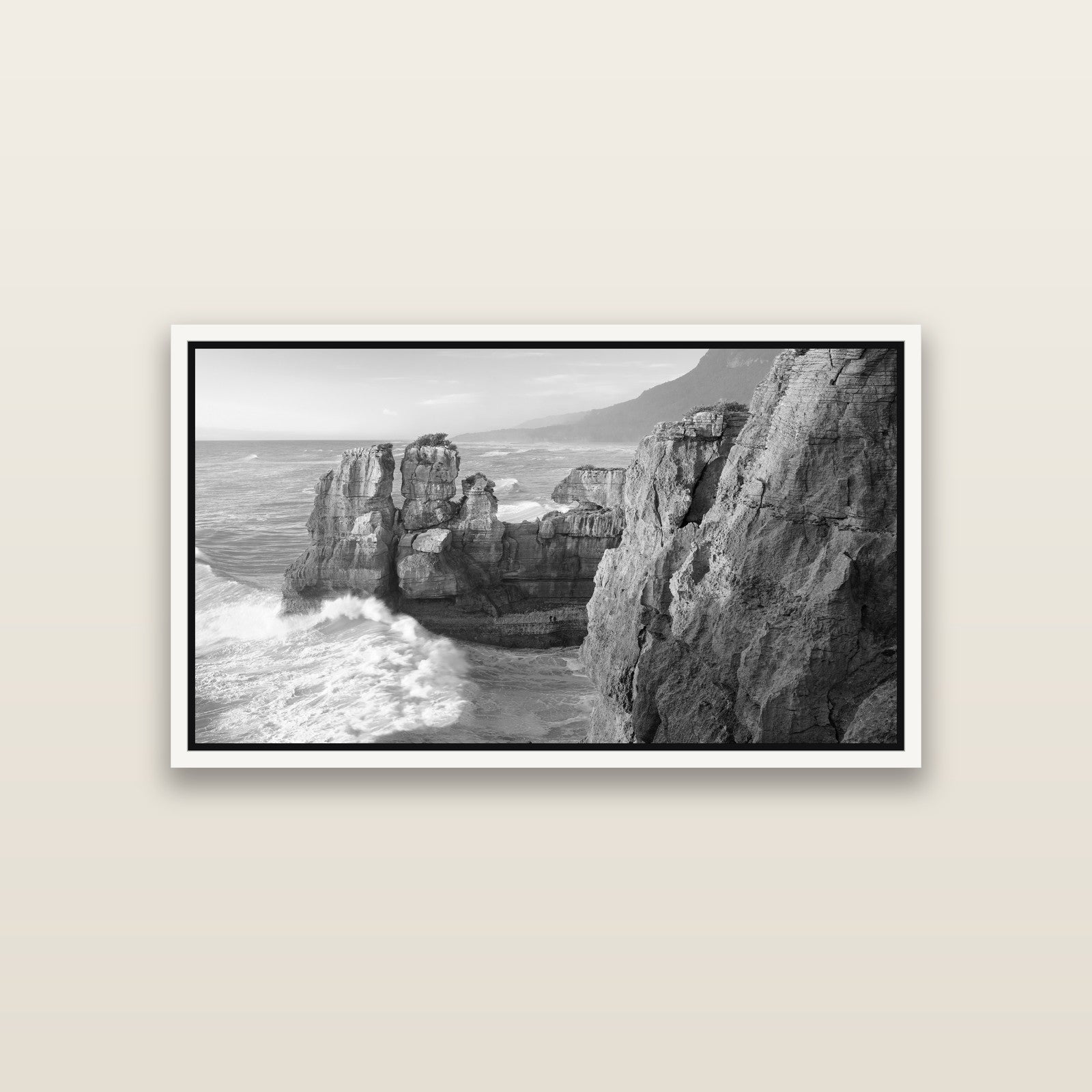Punakaiki Sculptures, South Island — White framed metallic canvas print, small 81 × 46 cm. New Zealand fine art landscape wall art by Stephen Milner.