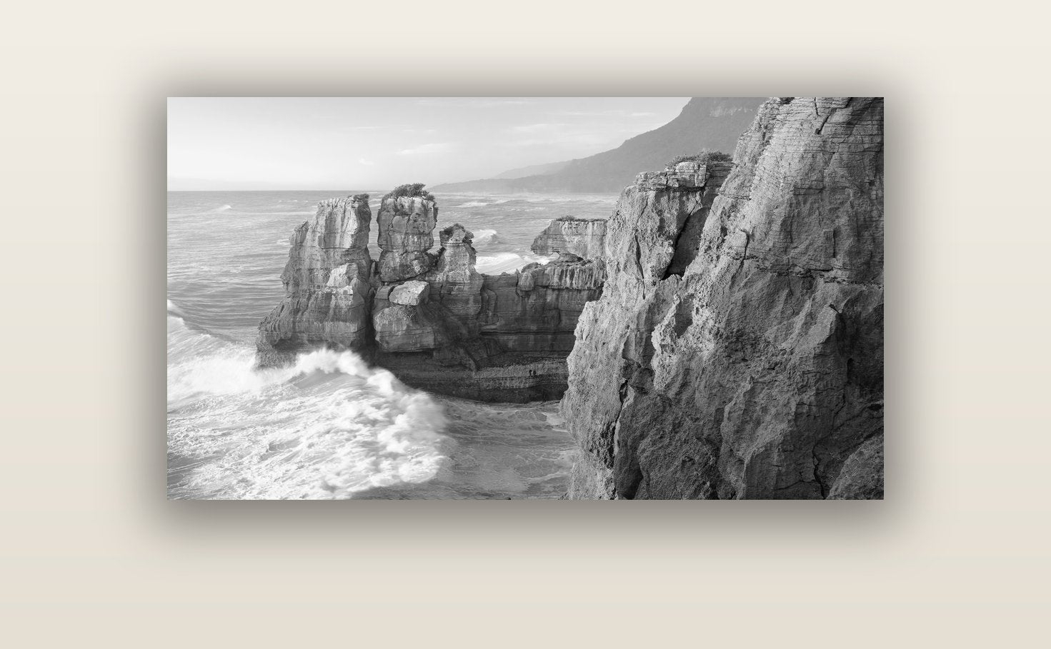 Punakaiki Sculptures, South Island — acrylic glass print, 122 × 61 cm. New Zealand fine art landscape wall art by Stephen Milner.